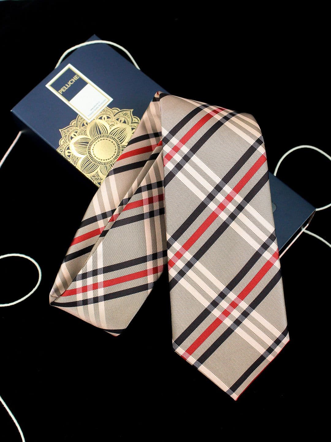 PELUCHE Beige & Red Checked Broad Tie - view 1