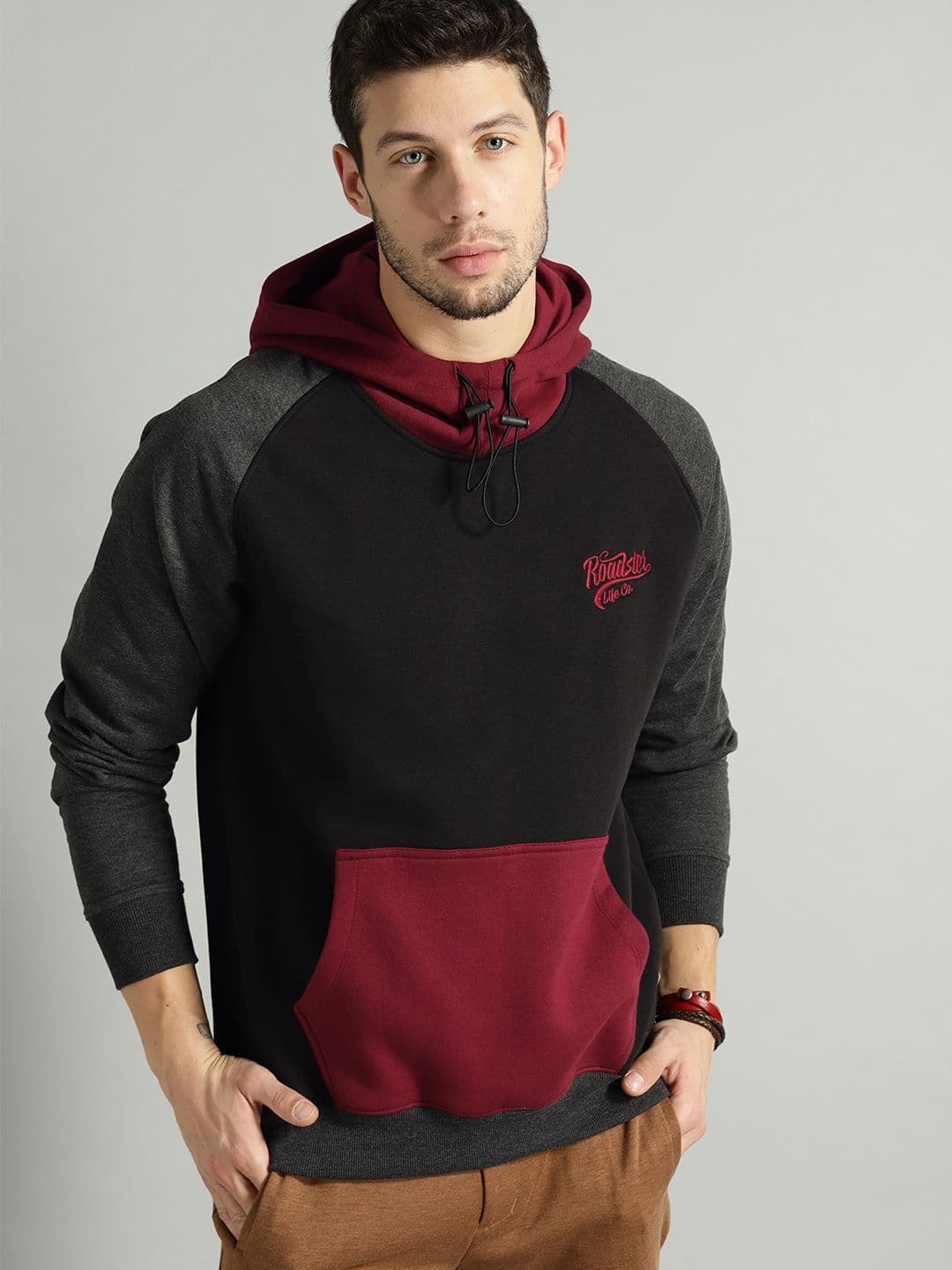 The Roadster Lifestyle Co Men Black & Maroon Colourblocked Hooded Sweatshirt - view 1