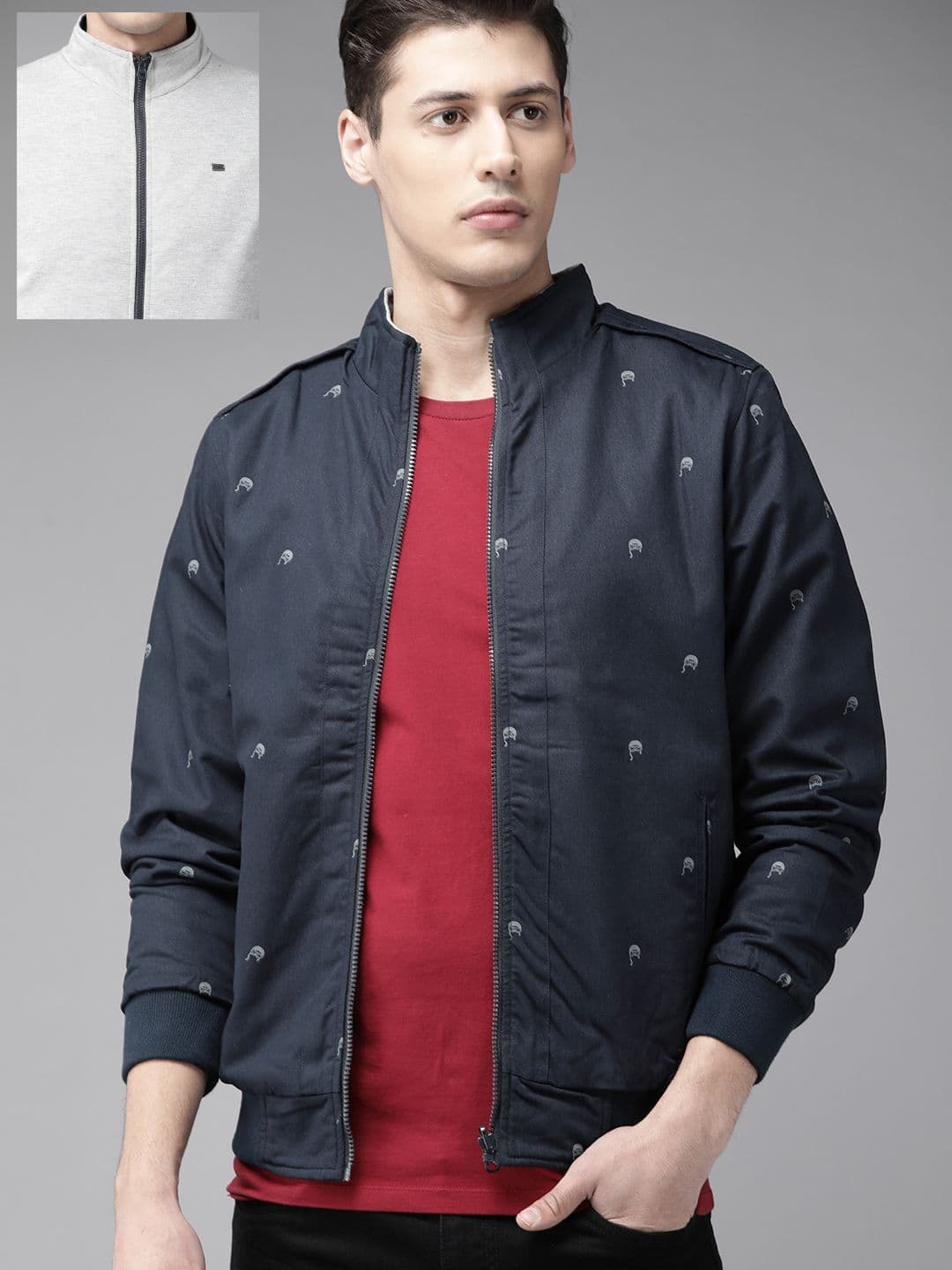 The Roadster Lifestyle Co Men Grey Melange & Navy Blue Reversible Bomber Jacket - view 1