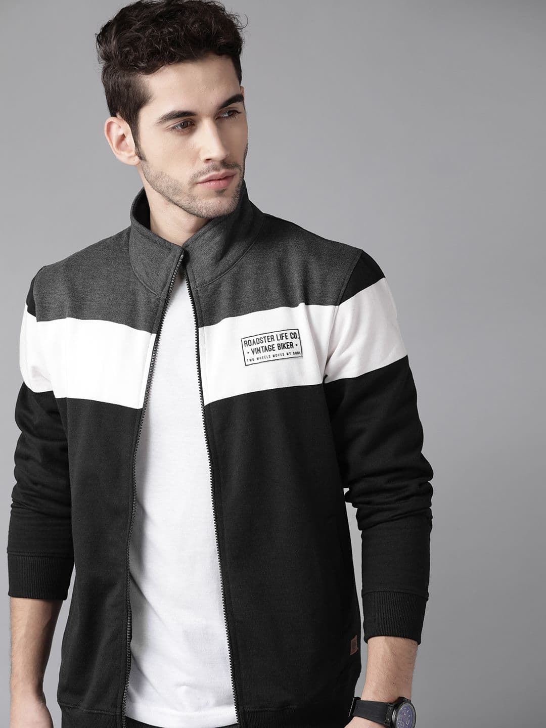 The Roadster Lifestyle Co Men Black & Charcoal Grey Colourblocked Sweatshirt - view 1