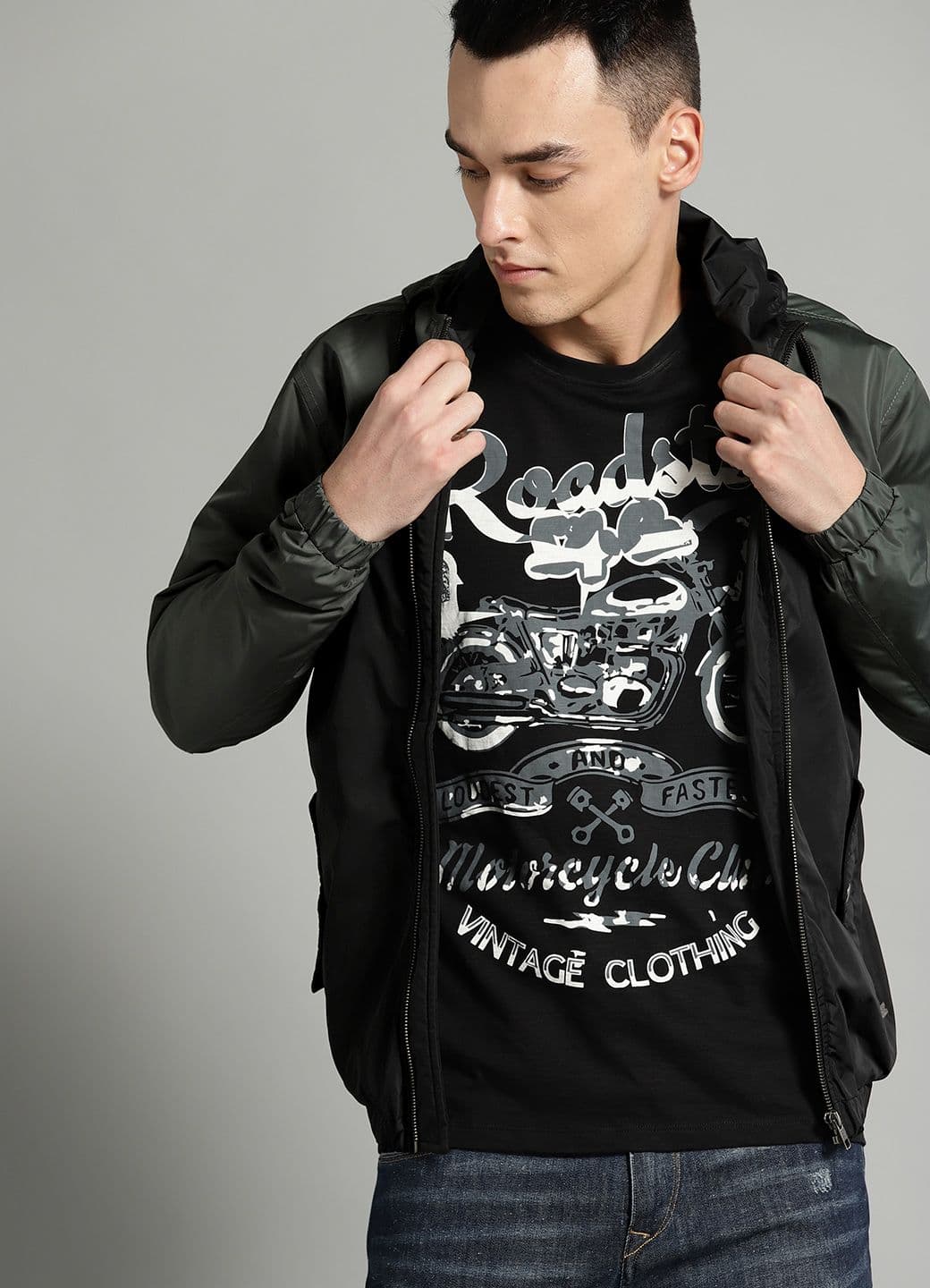 The Roadster Lifestyle Co Men Black & Olive Green Colourblocked Hooded Bomber Jacket - view 1