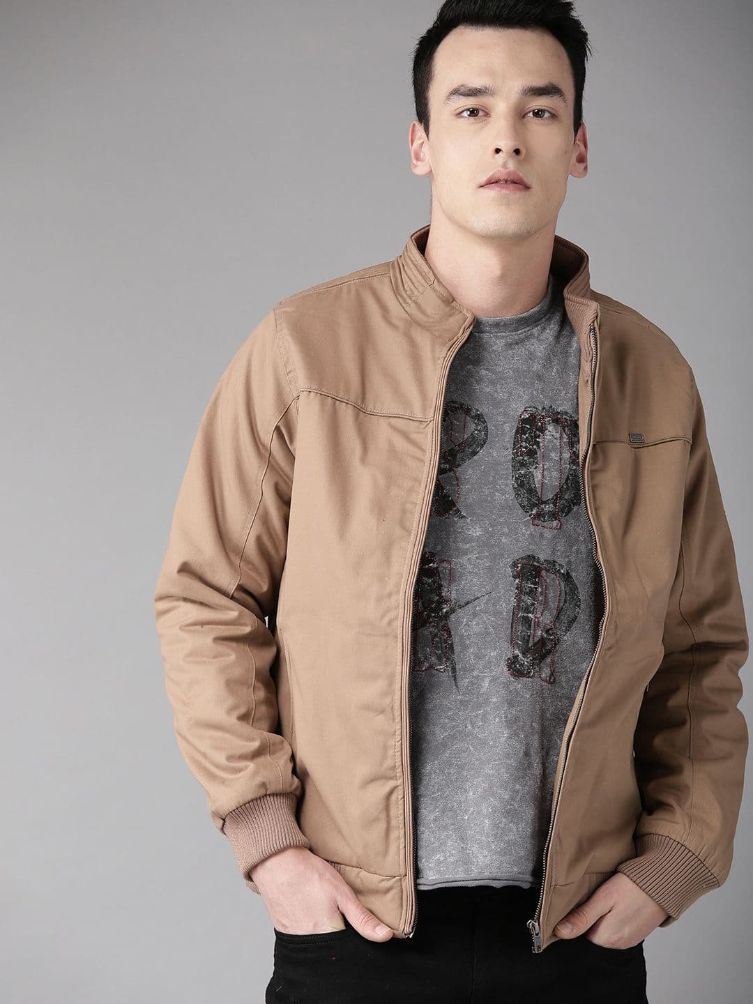 The Roadster Lifestyle Co Men Beige Solid Bomber Jacket - view 1