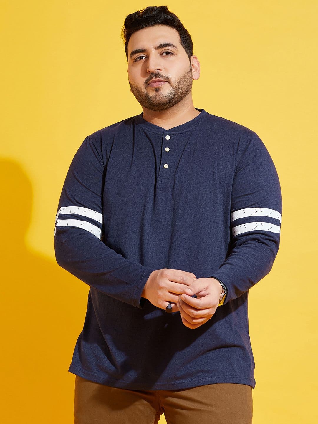 bigbanana Plus Size Men Navy Blue Solid Mandarin Collar Pure Cotton T-shirt - view 1
