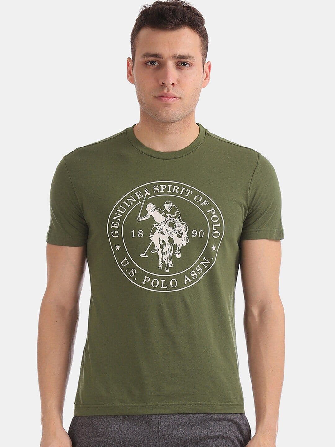 U.S. Polo Assn. Men Olive Green Printed Pure Cotton Lounge T-shirt - view 1