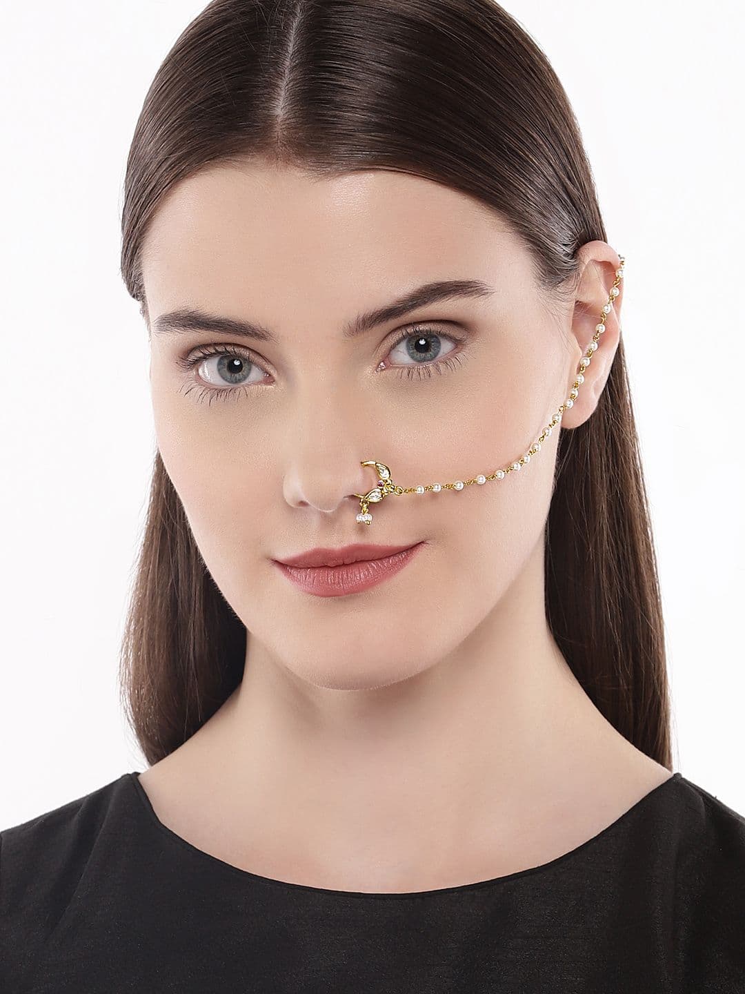 AccessHer Gold-Plated Vilandi Kundan Stone and Pearl-Studded Chained Nose Ring - view 1