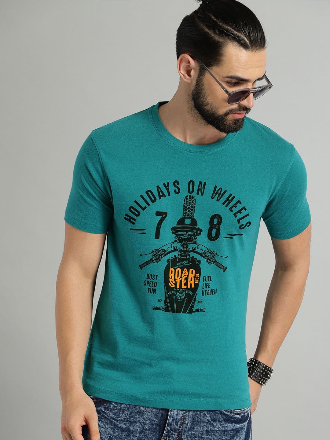Roadster Men Sea Green Printed Round Neck Pure Cotton T-shirt - view 1