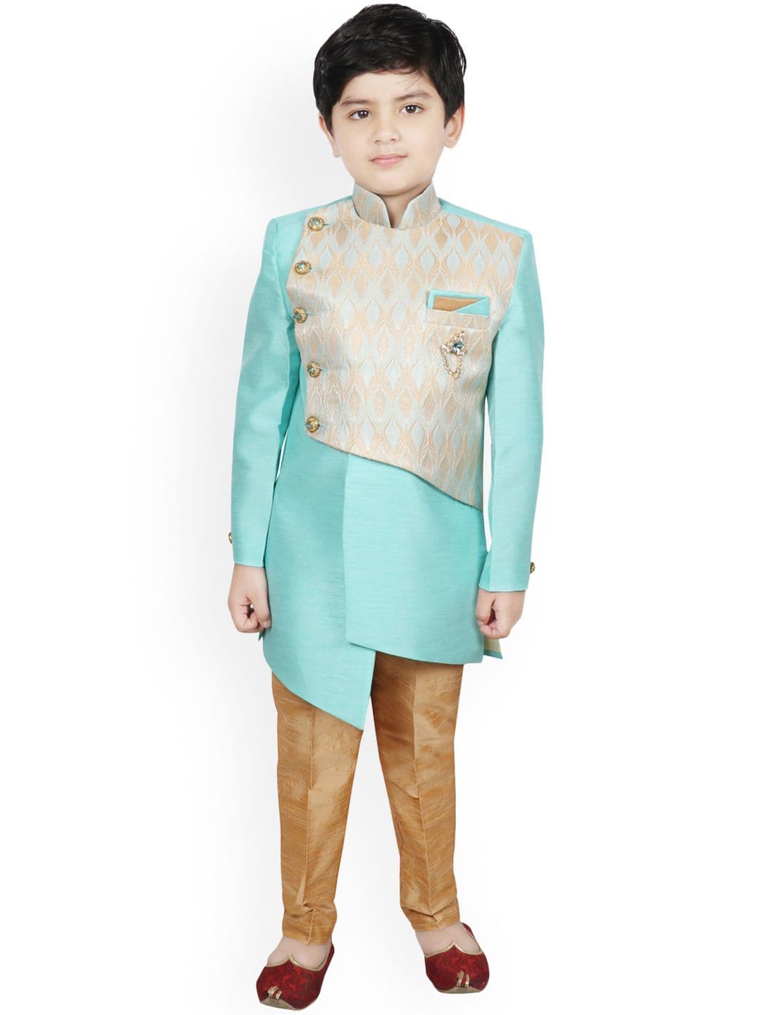 SG YUVRAJ Boys Turquoise Blue & Gold-Coloured Woven-Design Raw-Silk Sherwani - view 1