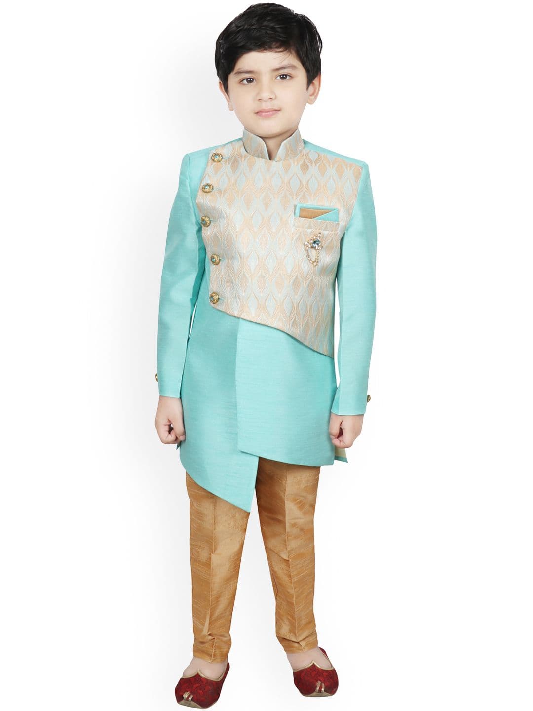 SG YUVRAJ Boys Turquoise Blue & Gold-Coloured Woven-Design Silk Sherwani - view 1