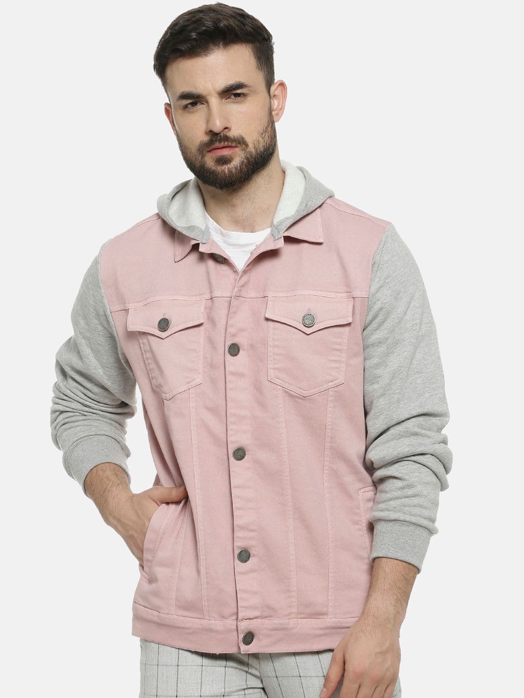 CAHOOT Men Pink Colourblocked Windcheater Denim Jacket - view 1