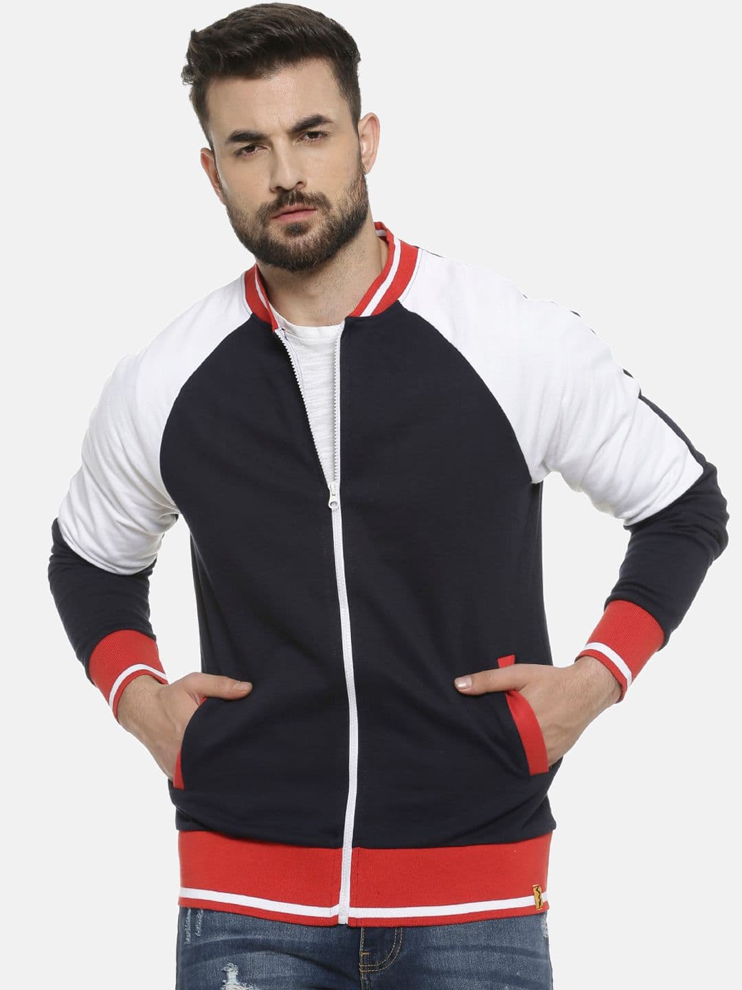 CAHOOT Men Navy Blue Colourblocked Windcheater Varsity Jacket - view 1
