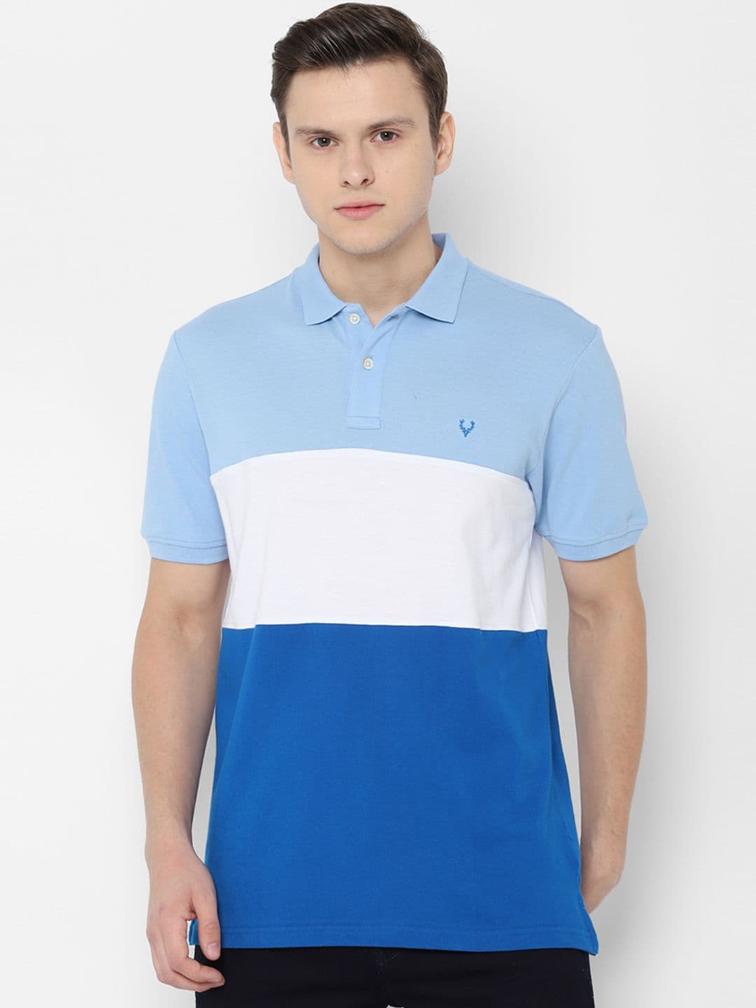 Allen Solly Men Blue White Colourblocked Polo Collar Pure Cotton T-shirt - view 1