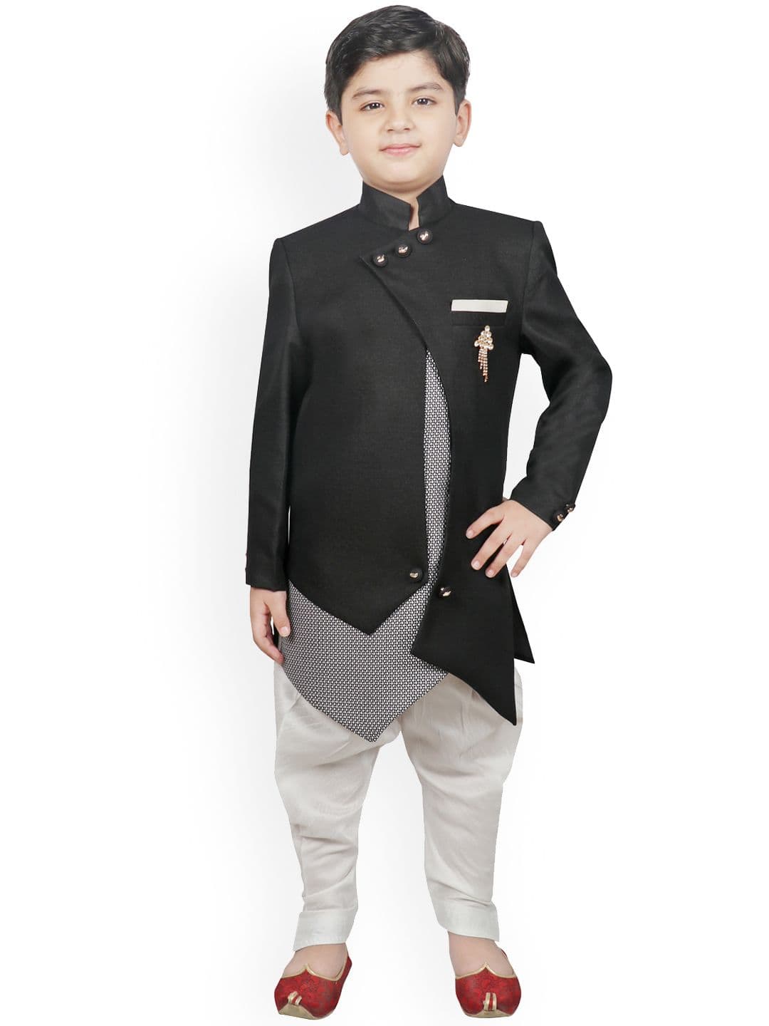 SG YUVRAJ Boys Black & White Solid Silk Sherwani - view 1