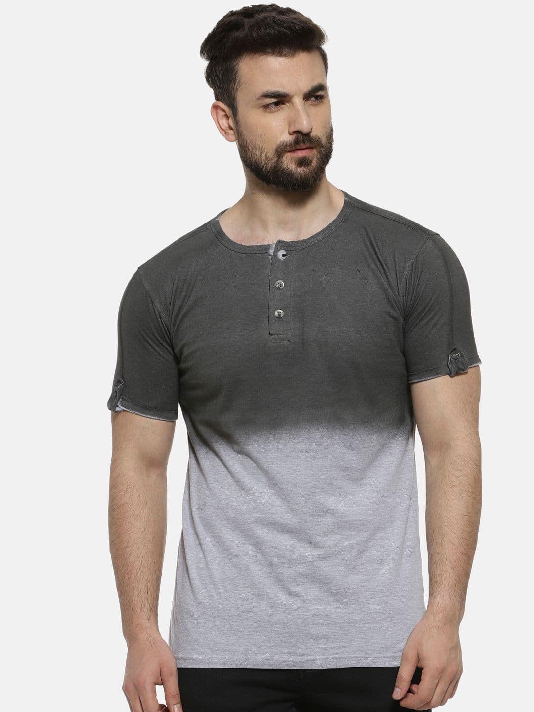 CAHOOT Men Charcoal Grey Colourblocked Henley Neck T-shirt - view 1