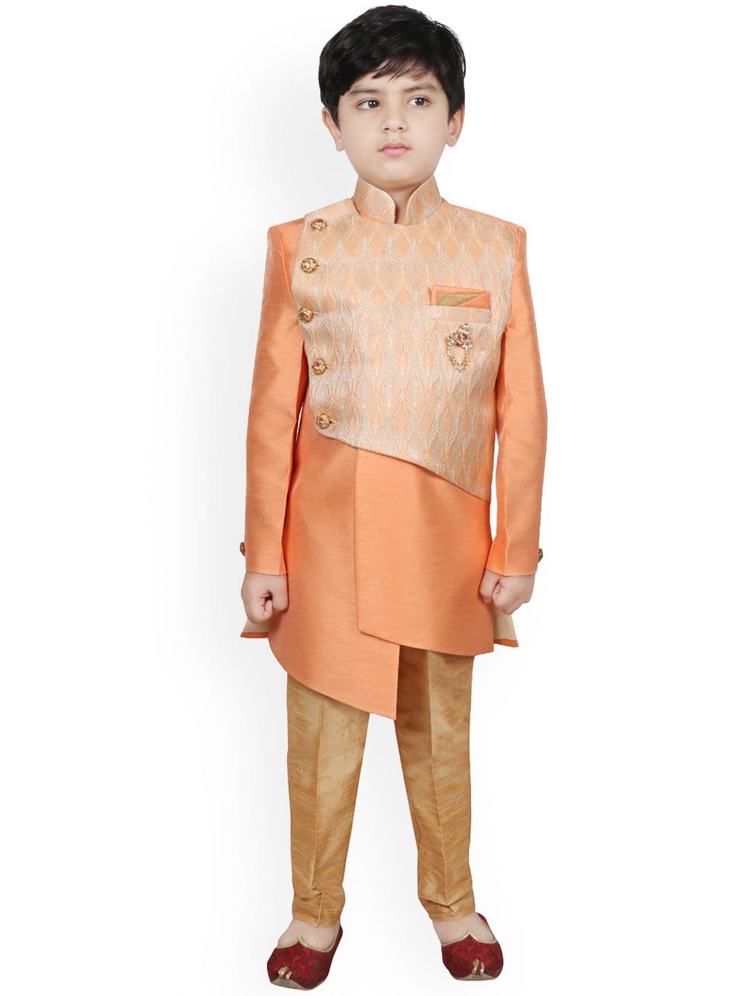 SG YUVRAJ Boys Orange & Gold Woven Design Raw Silk Sherwani Set - view 1