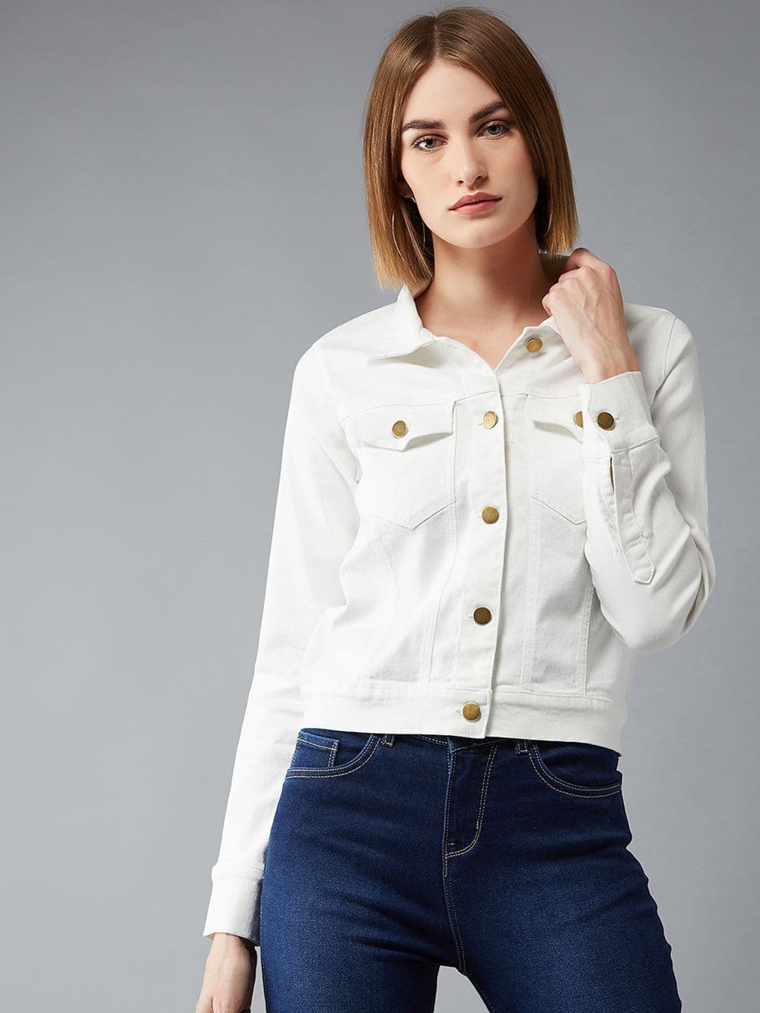 DOLCE CRUDO Women White Solid Denim Jacket - view 1