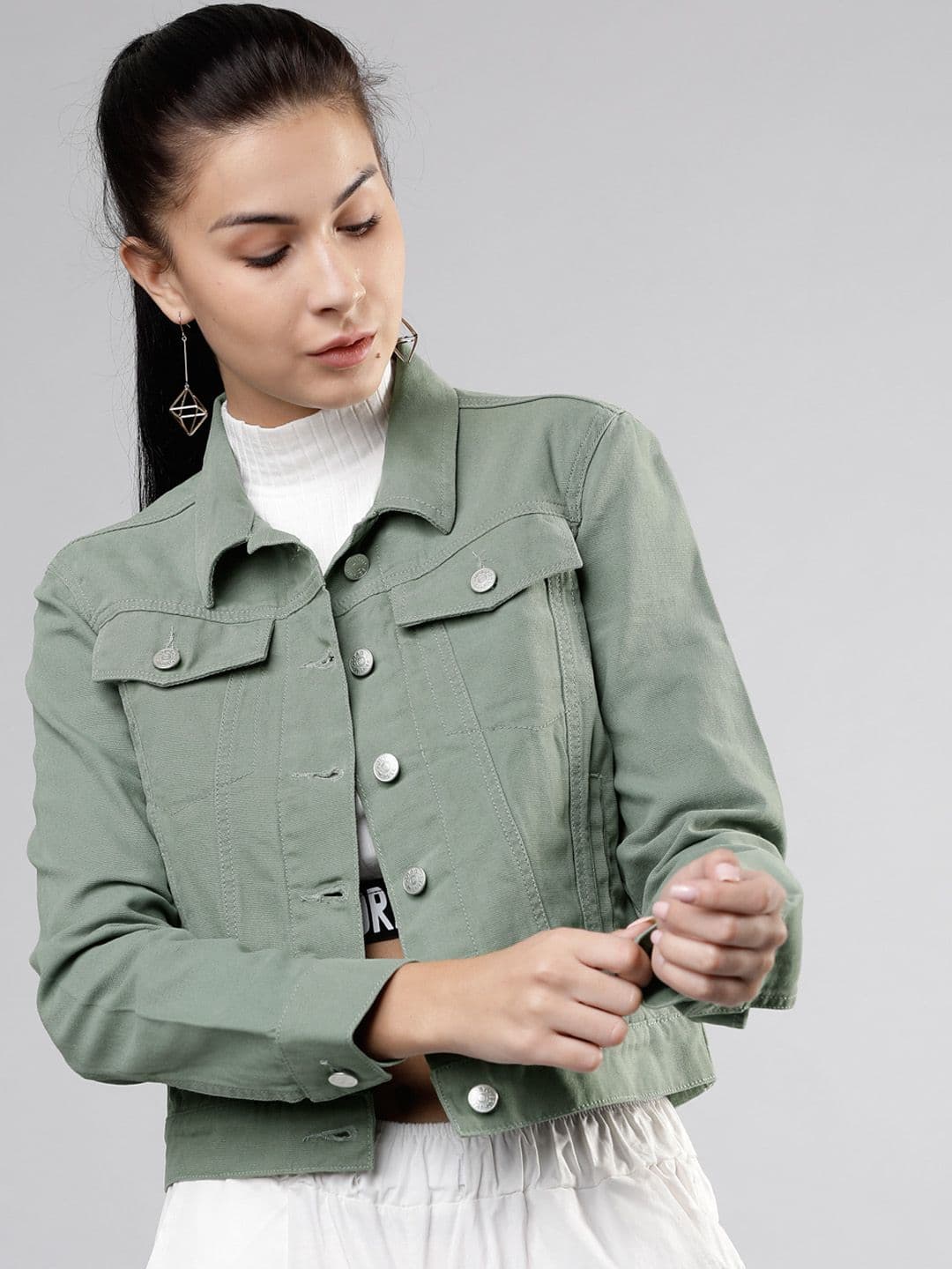 Tokyo Talkies Women Olive Green Solid Denim Jacket - view 1