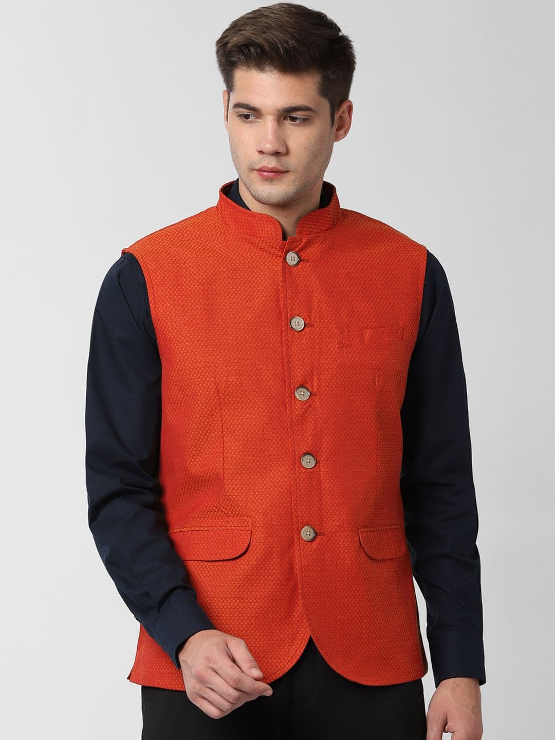 Peter England Men Orange Woven Design Nehru Jacket - view 1