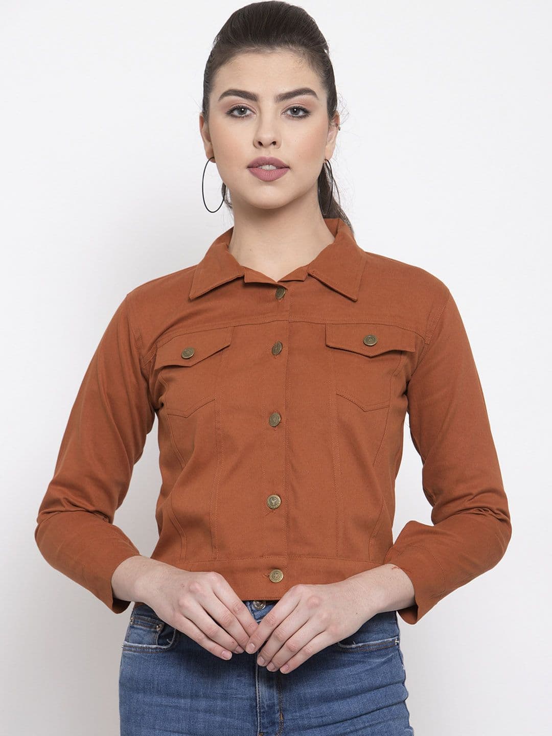 VOXATI Women Rust Brown Solid Denim Jacket - view 1