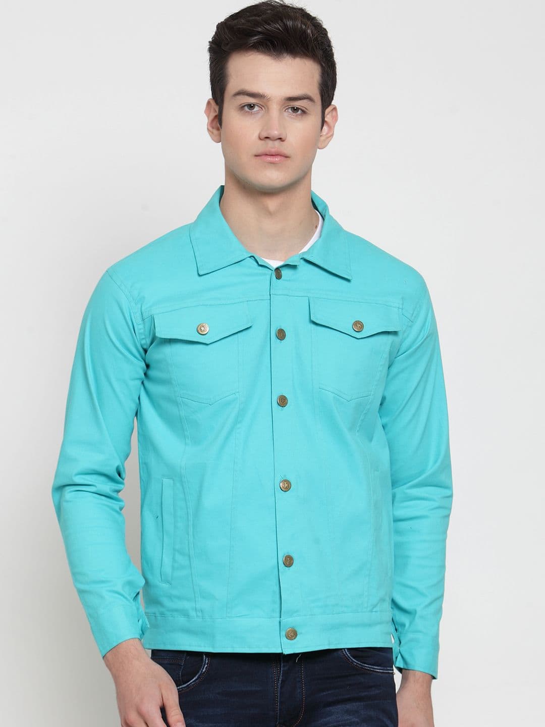VOXATI Men Turquoise Blue Solid Denim Jacket - view 1