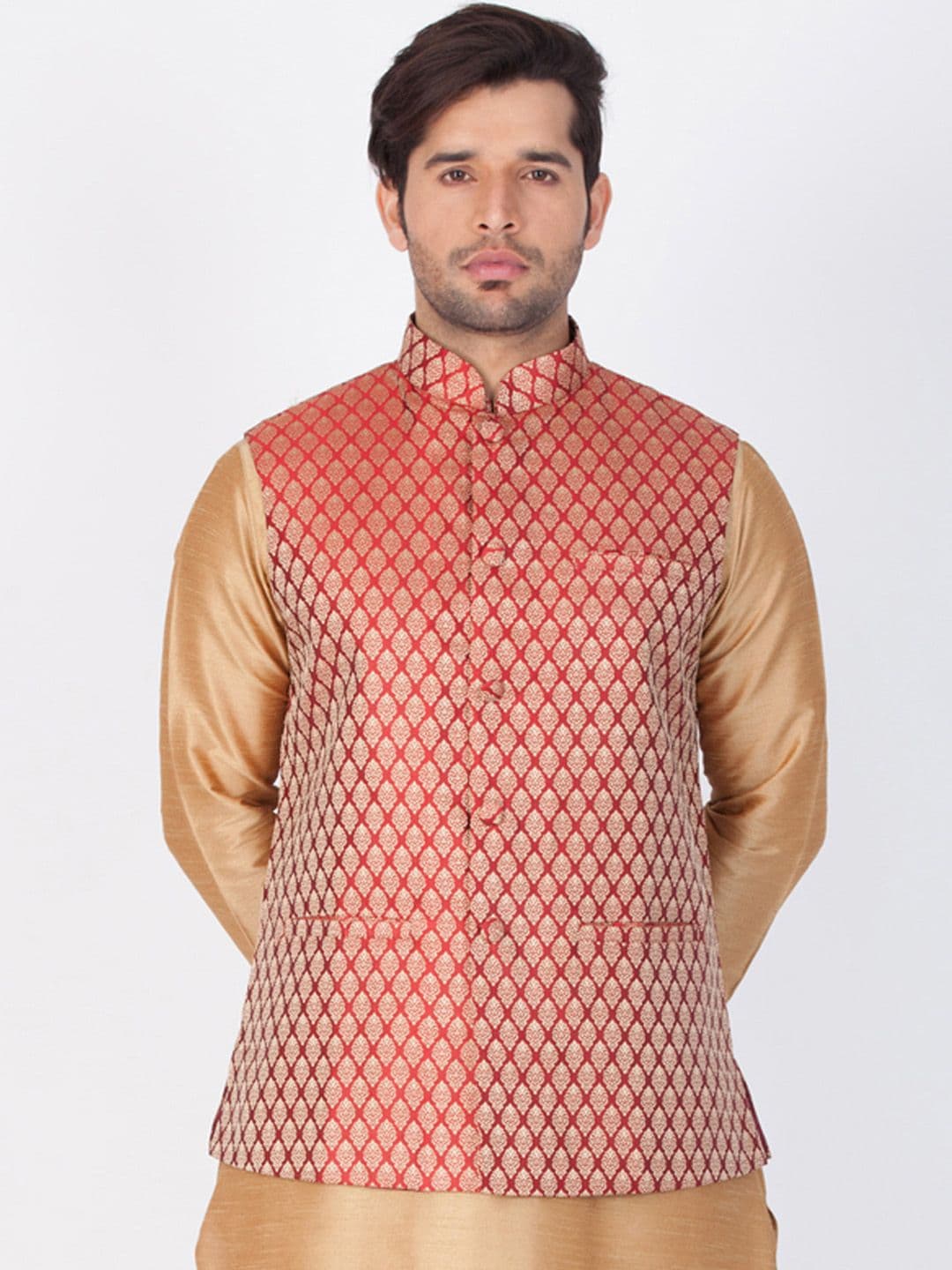 VASTRAMAY Men Maroon Woven Design Nehru Jacket - view 1