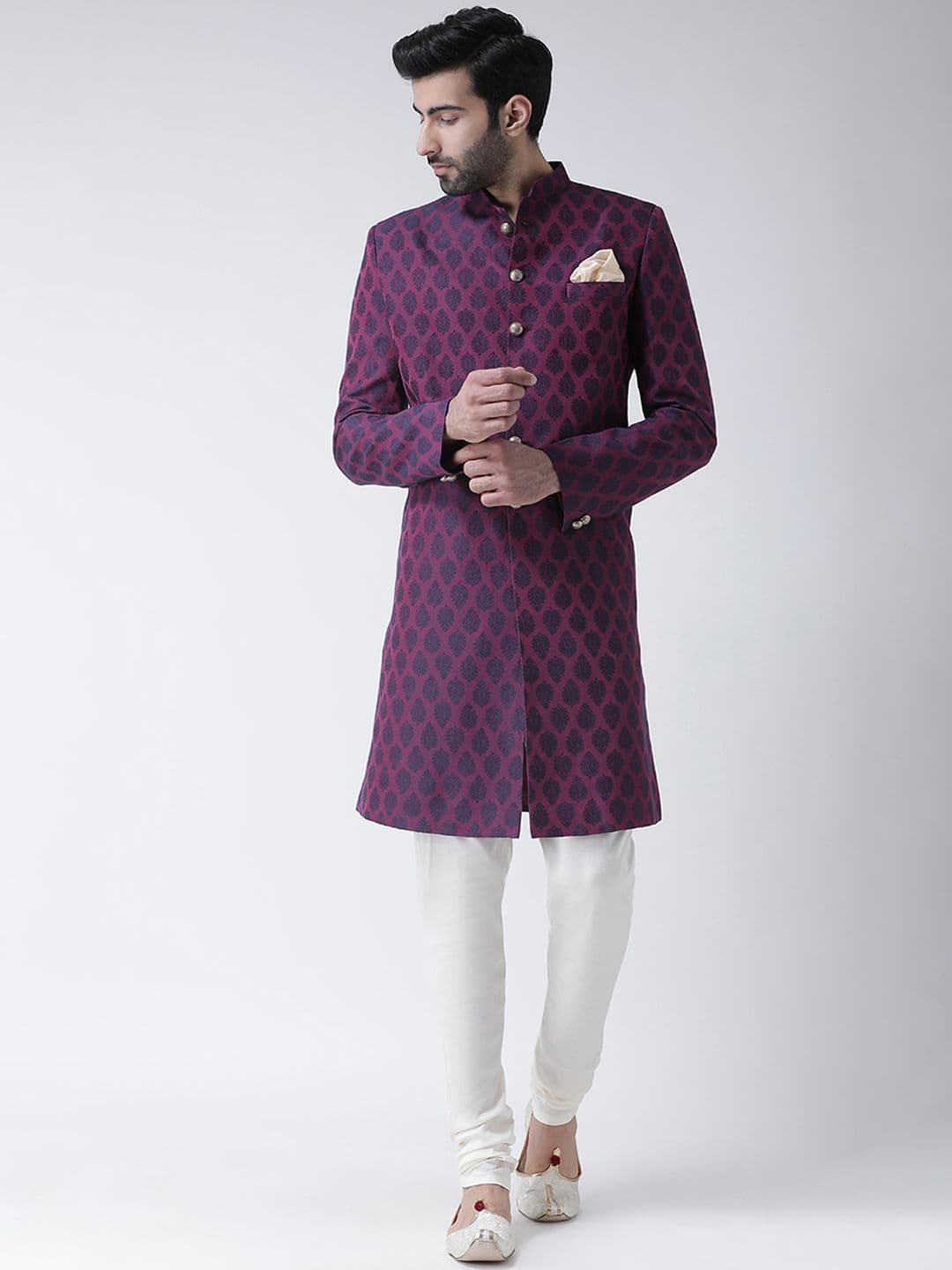 KISAH Men Purple & White Woven Design Sherwani - view 1