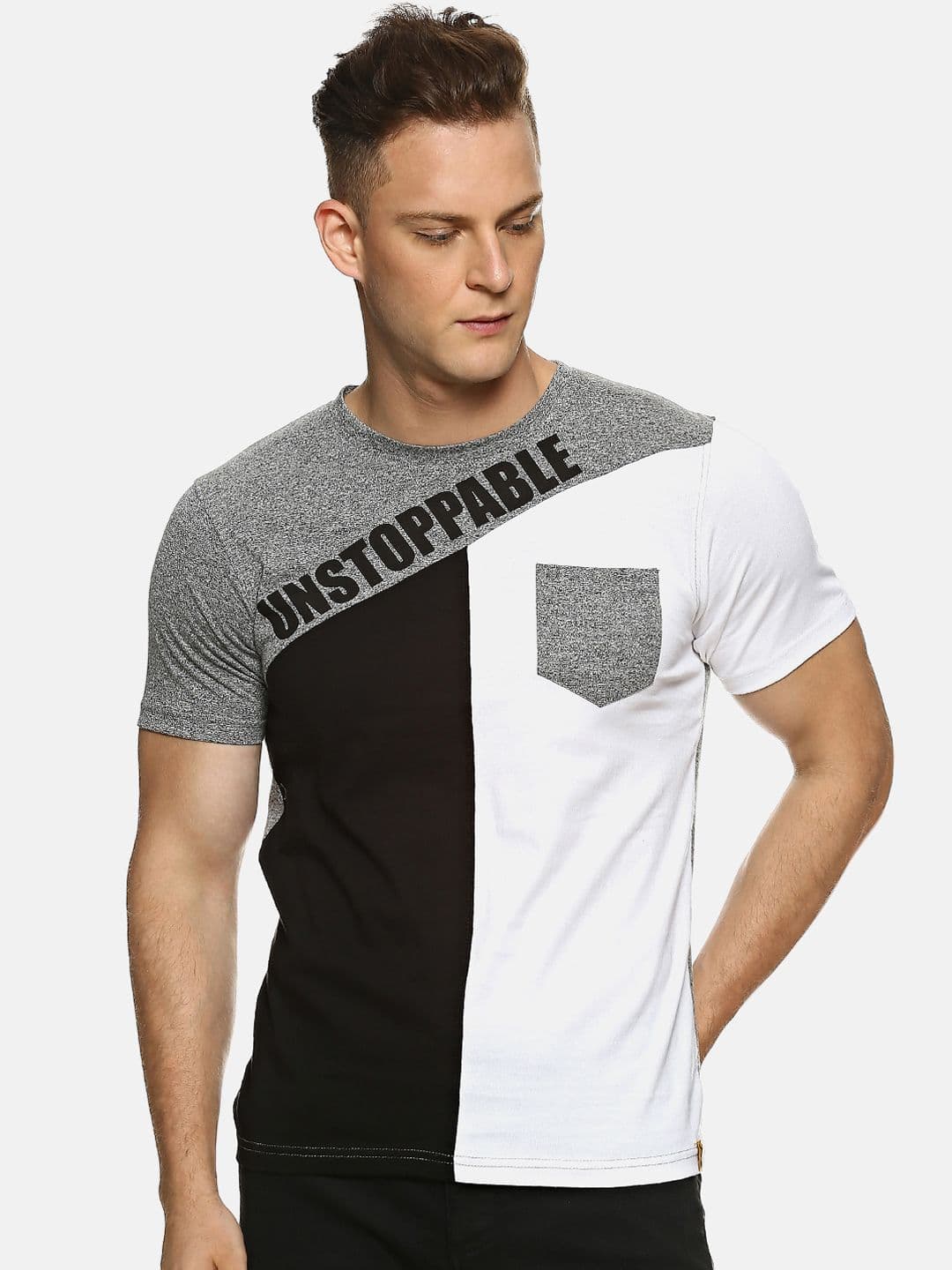 CAHOOT Men Grey Colourblocked Round Neck T-shirt - view 1