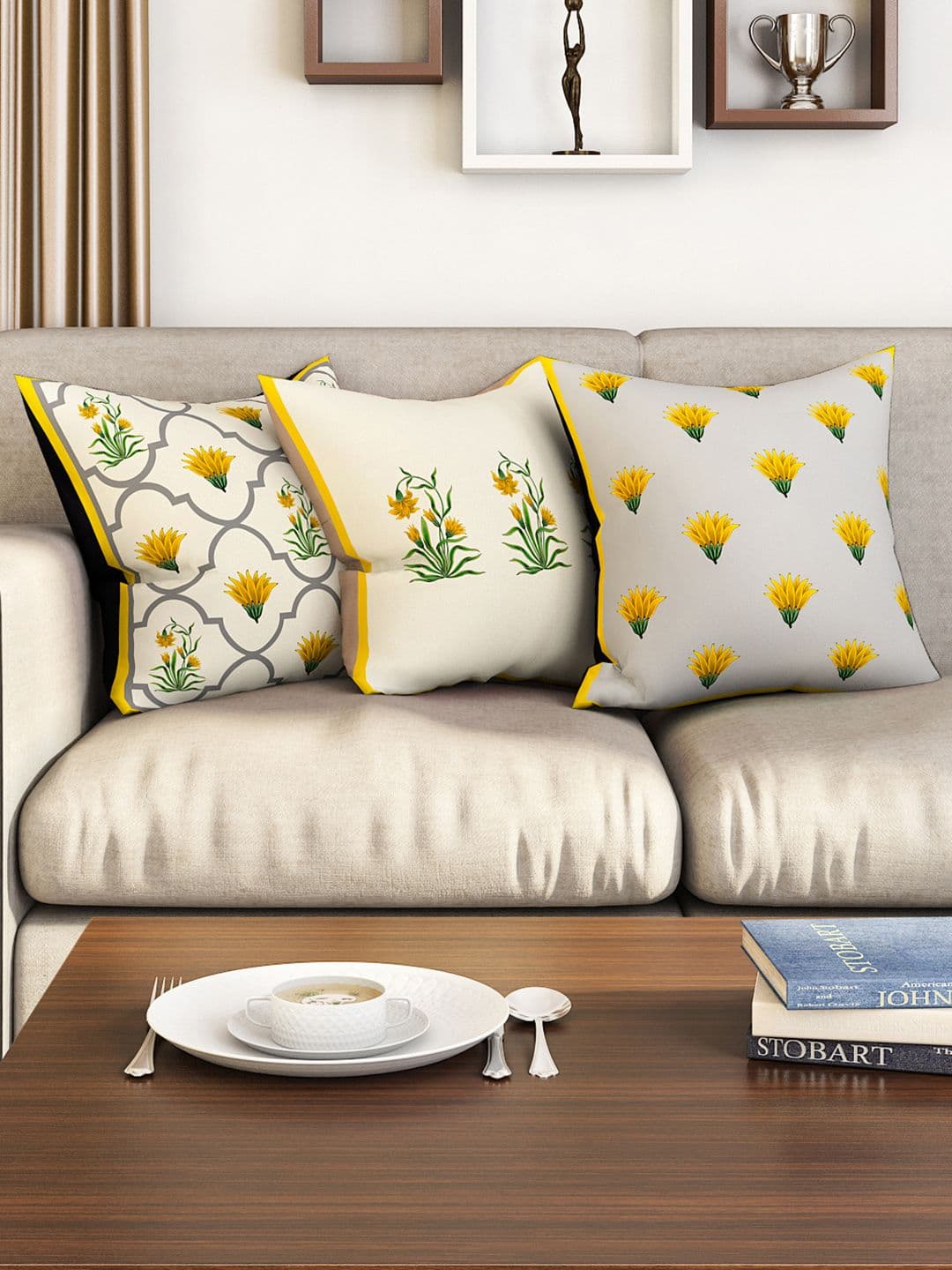SEJ by Nisha Gupta Floral Polyester Washable 3 Pcs Square Cushion Covers - 15.7 x 15.7 In - view 1