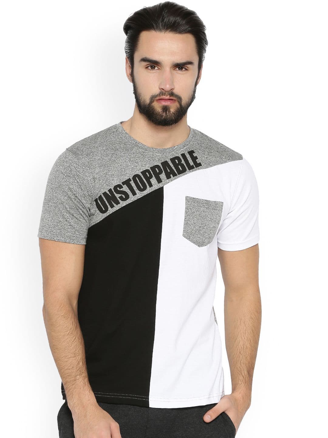 CAHOOT Men Grey & Black Colourblocked Round Neck T-shirt - view 1