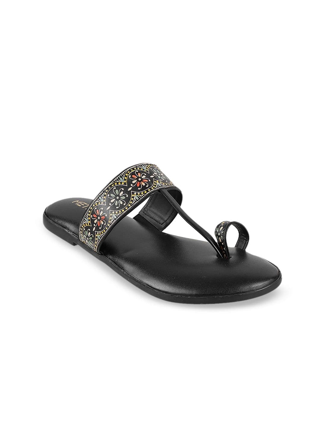 Metro Women Black Printed One Toe T-Strap Cushion Flats - view 1