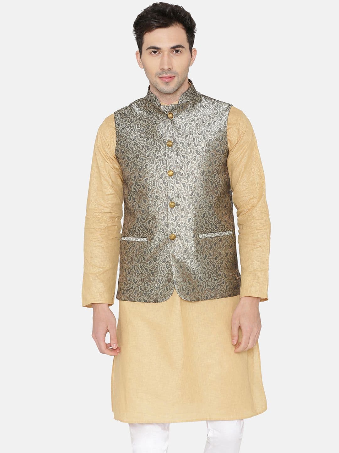 Wintage Men Grey Woven Design Nehru Jacket - view 1