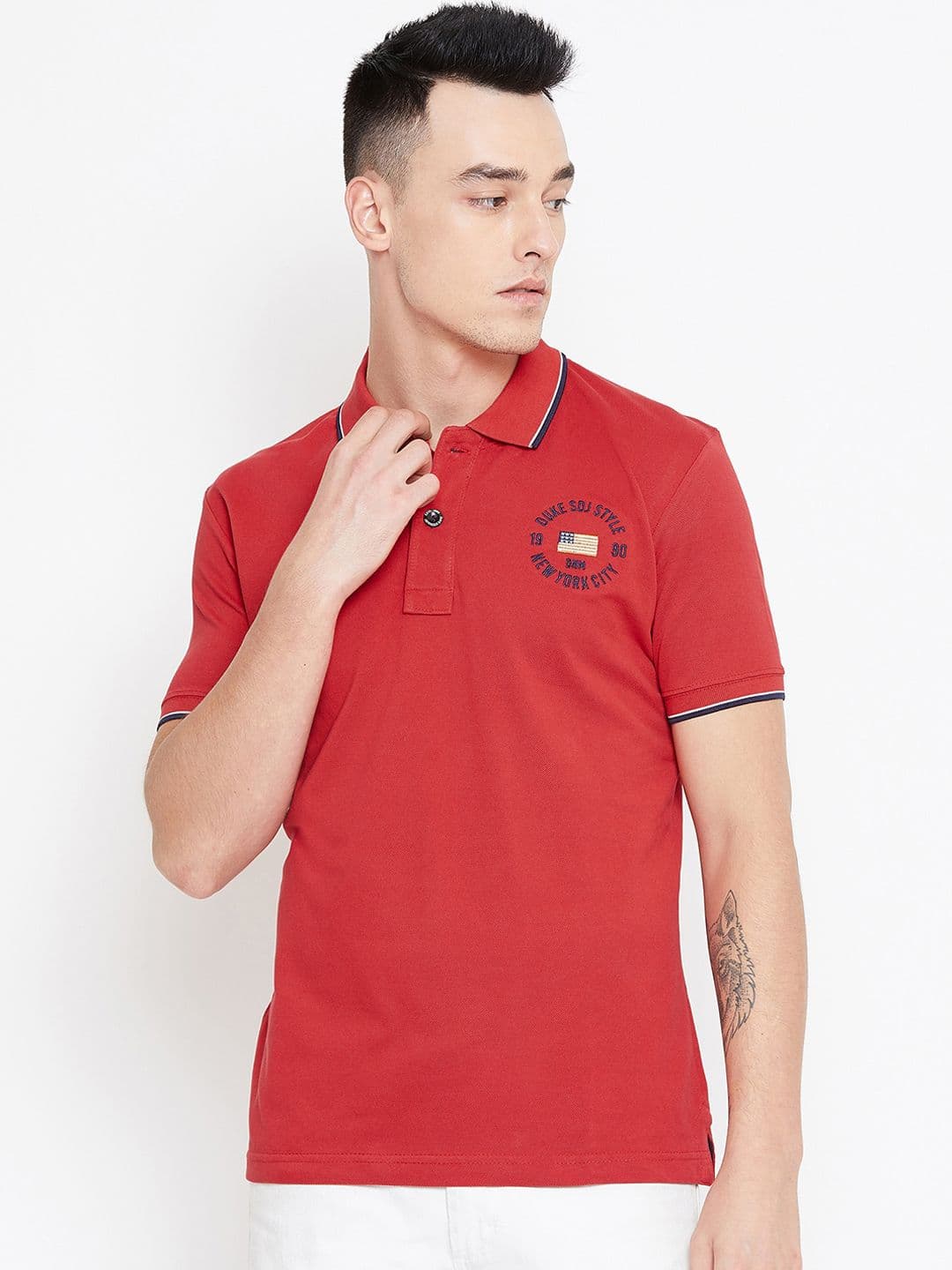 Duke Men Red Solid Polo Collar T-shirt - view 1