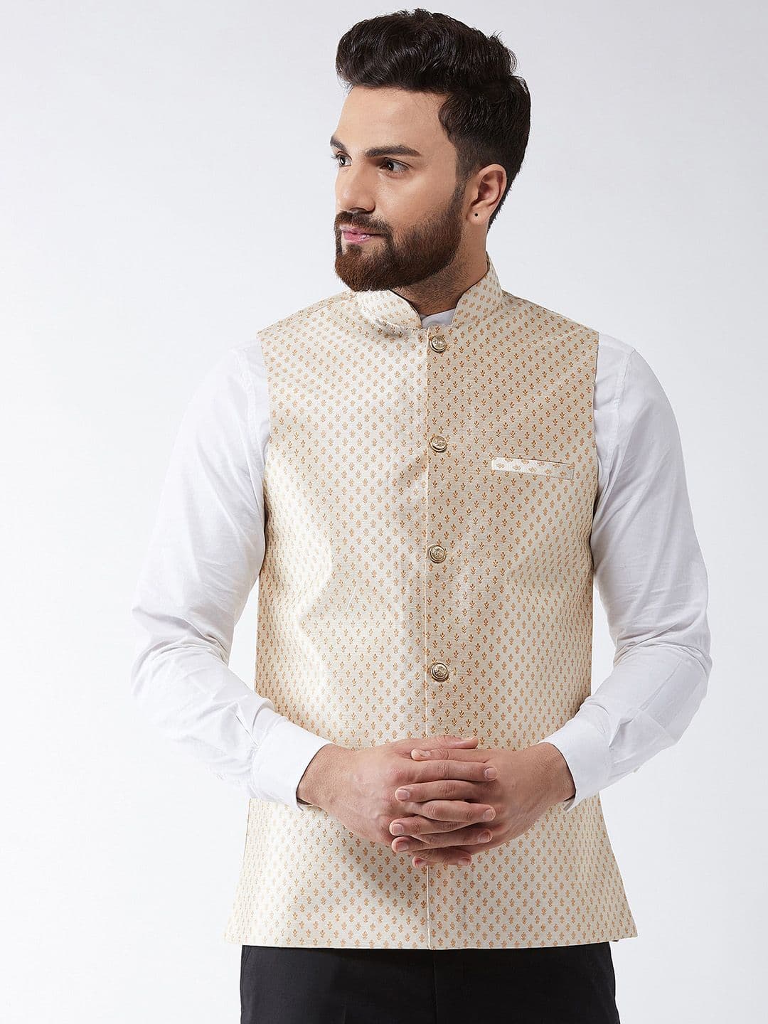SOJANYA Men Beige & Gold-Coloured Woven Design Nehru Jacket - view 1