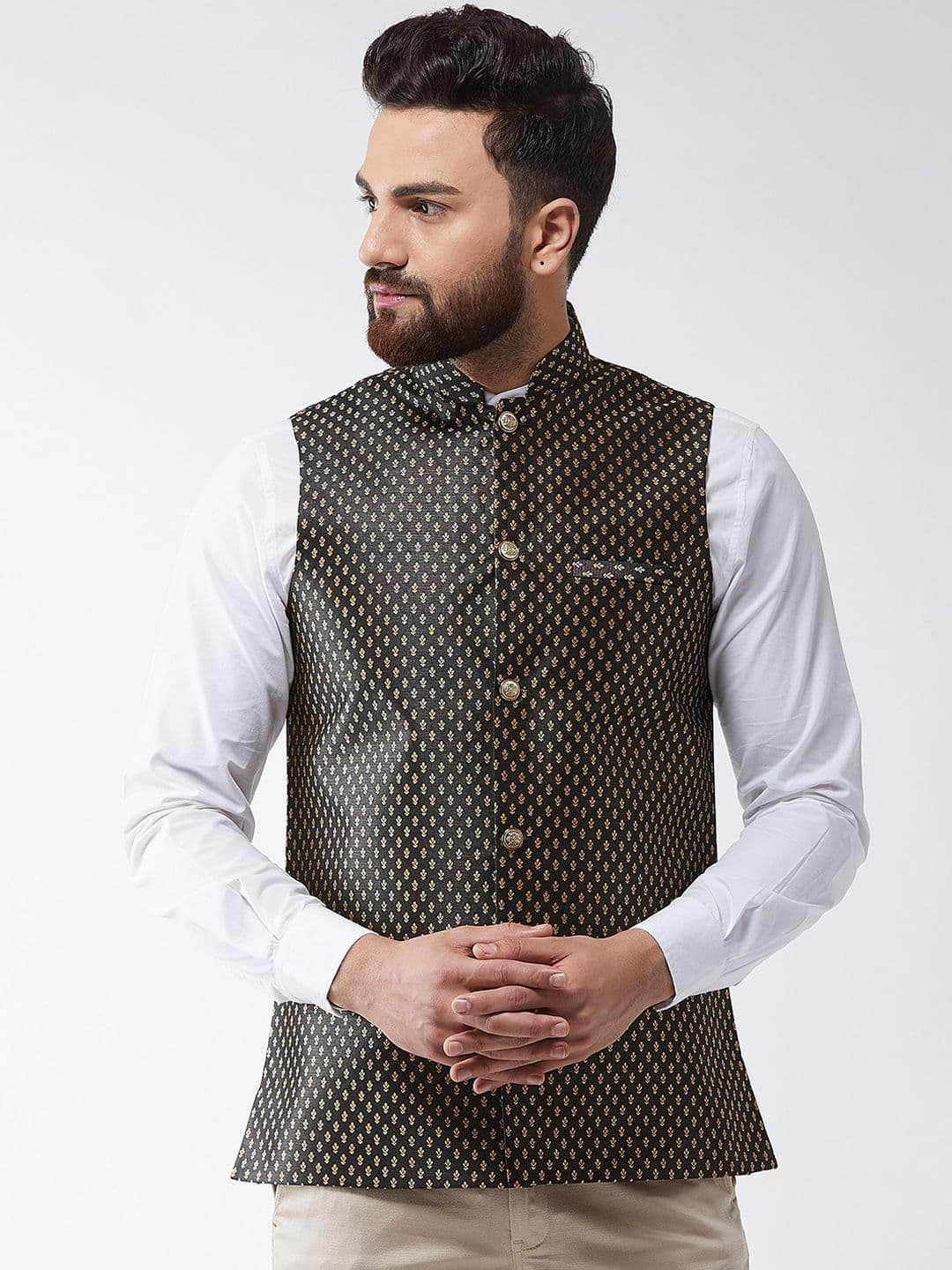 SOJANYA Black & Gold Printed Nehru Jacket - view 1