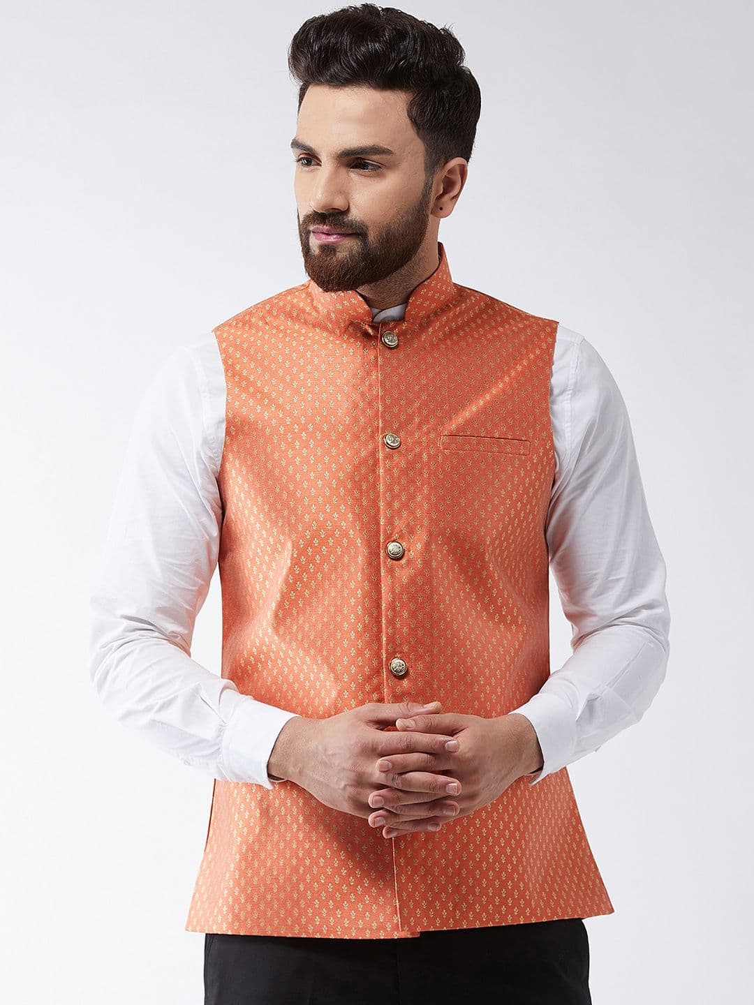 SOJANYA Orange & Gold Printed Nehru Jacket - view 1