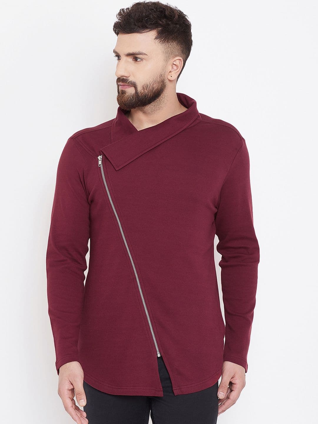 Hypernation Men Maroon Solid Zipper Pure Cotton T-shirt - view 1