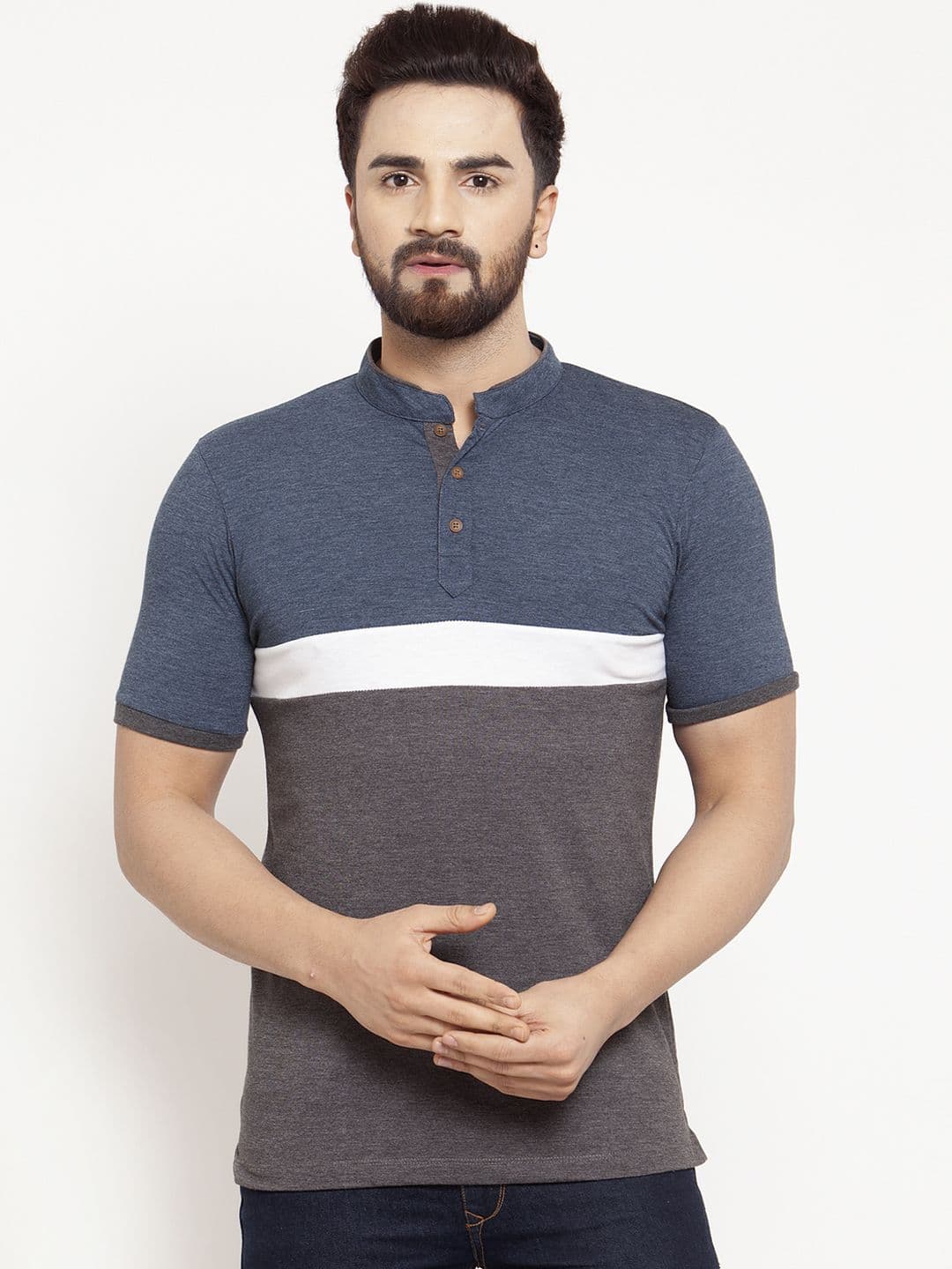 Kalt Men Charcoal Grey & Blue Colourblocked Mandarin Collar T-shirt - view 1