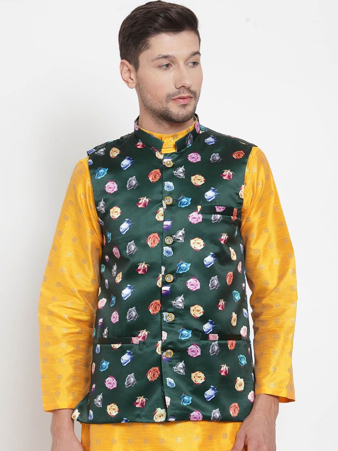 KLOTTHE Men Green & Pink Printed Nehru Jacket - view 1
