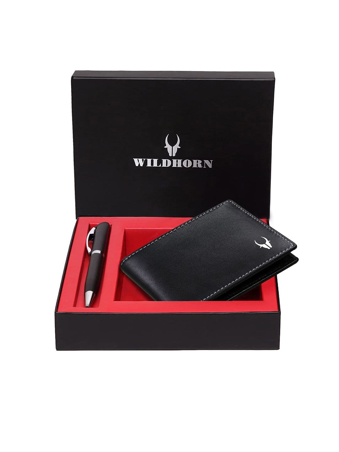 WildHorn Men Black & Silver-Toned RFID Protected Genuine Leather Wallet & Pen Accessory Gift Set - view 1