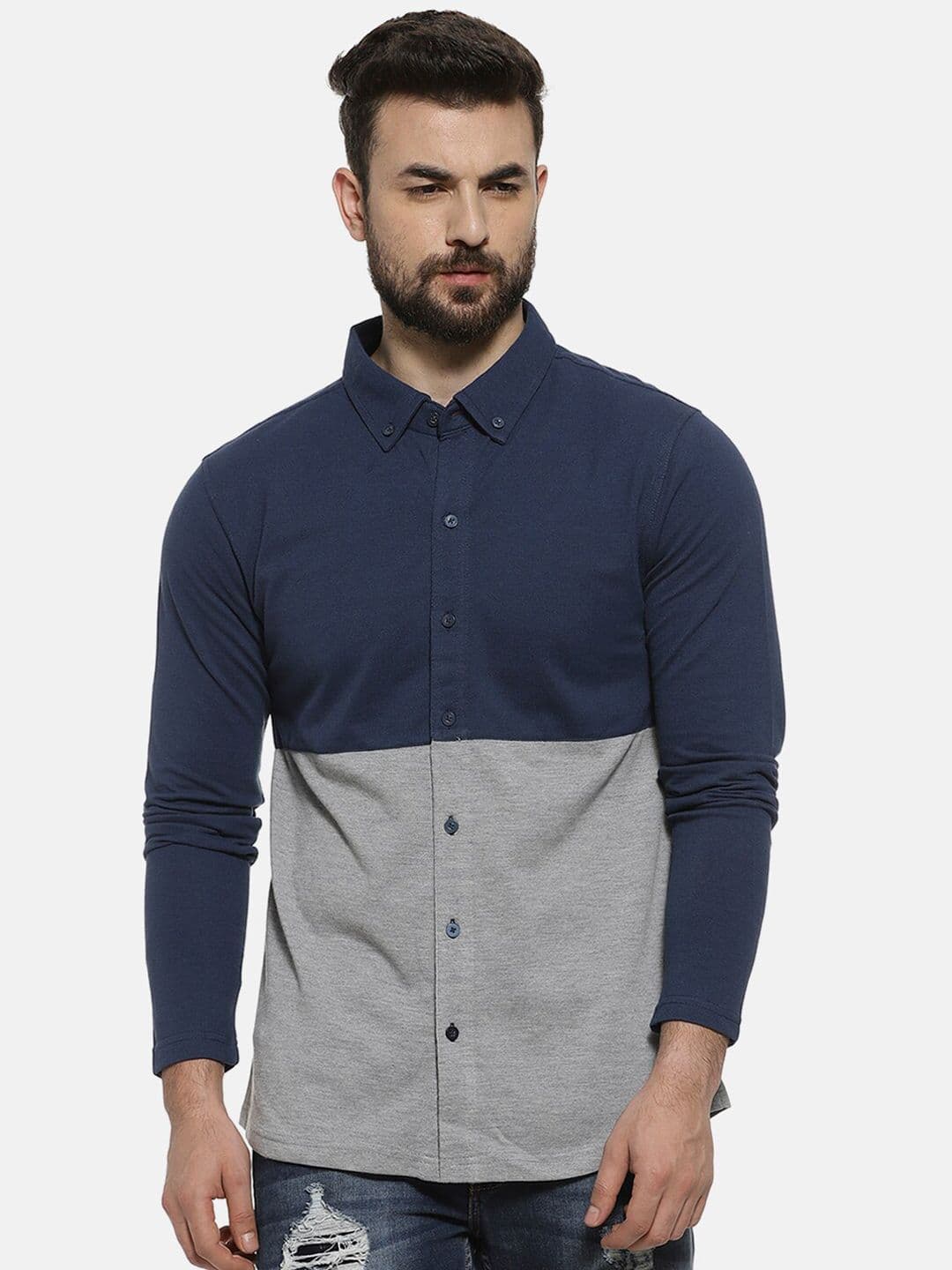 CAHOOT Men Blue & Grey Regular Fit Colourblocked Casual Shirt - view 1