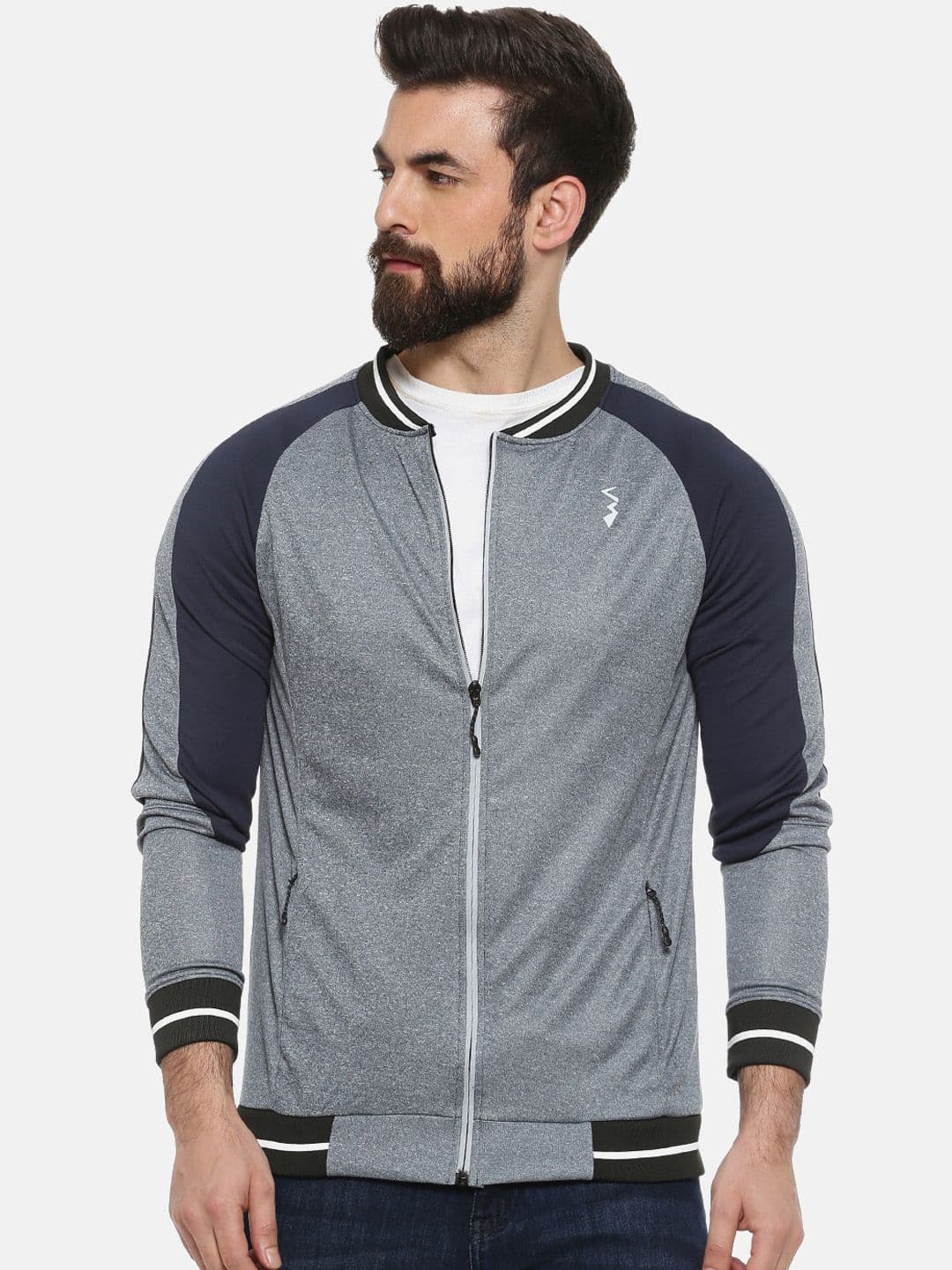 CAHOOT Men Grey & Navy Blue Colourblocked Lightweight Varsity Jacket - view 1