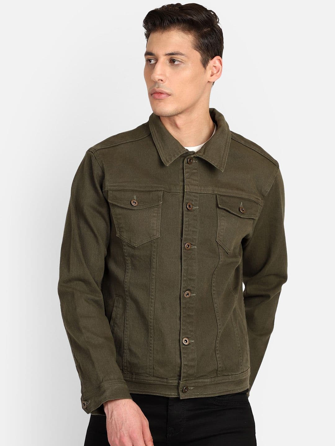 PUNK Men Olive Green Solid Lightweight Denim Jacket - view 1