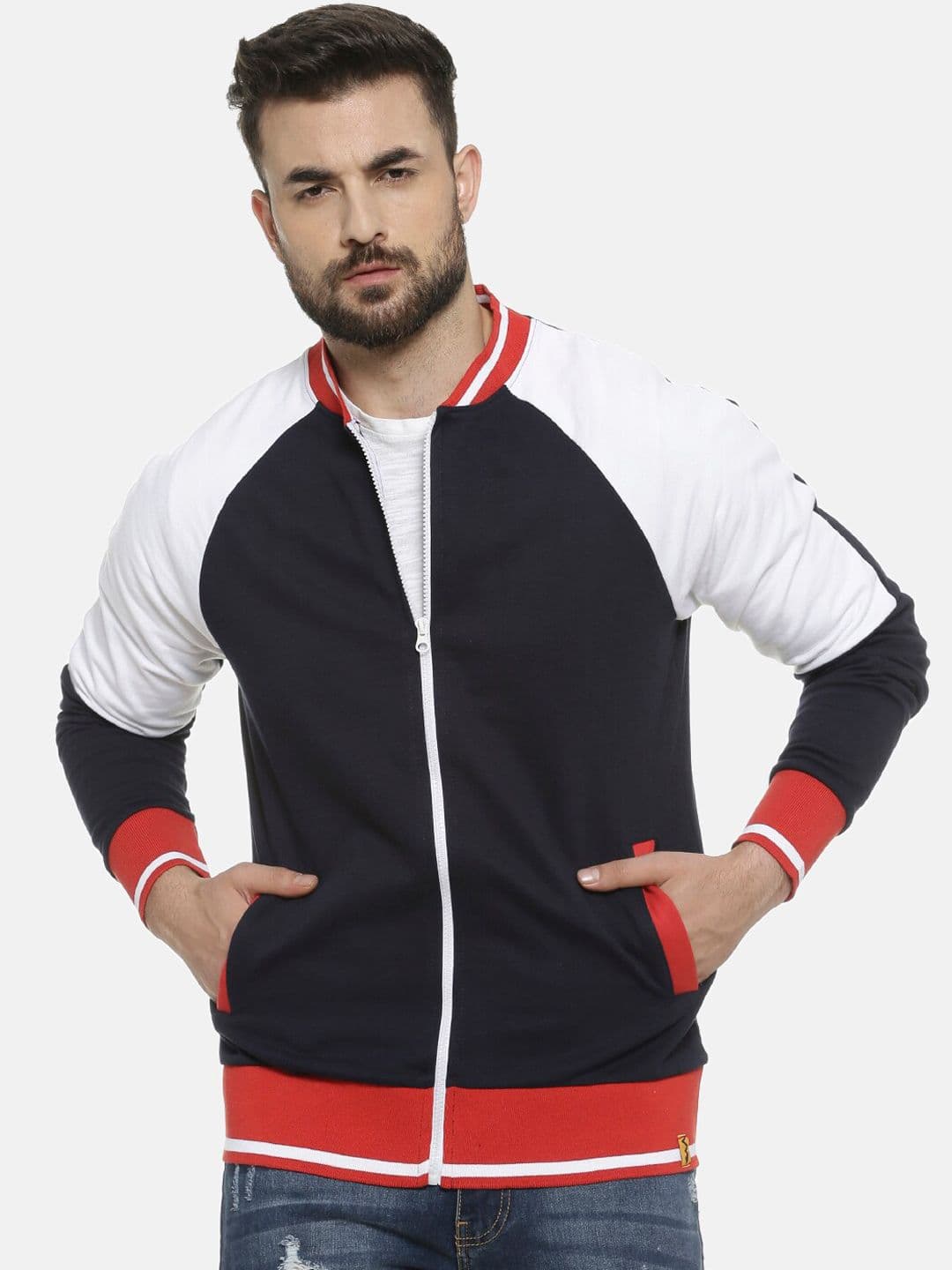 CAHOOT Men Navy Blue & White Colourblocked Windcheater Open Front Jacket - view 1