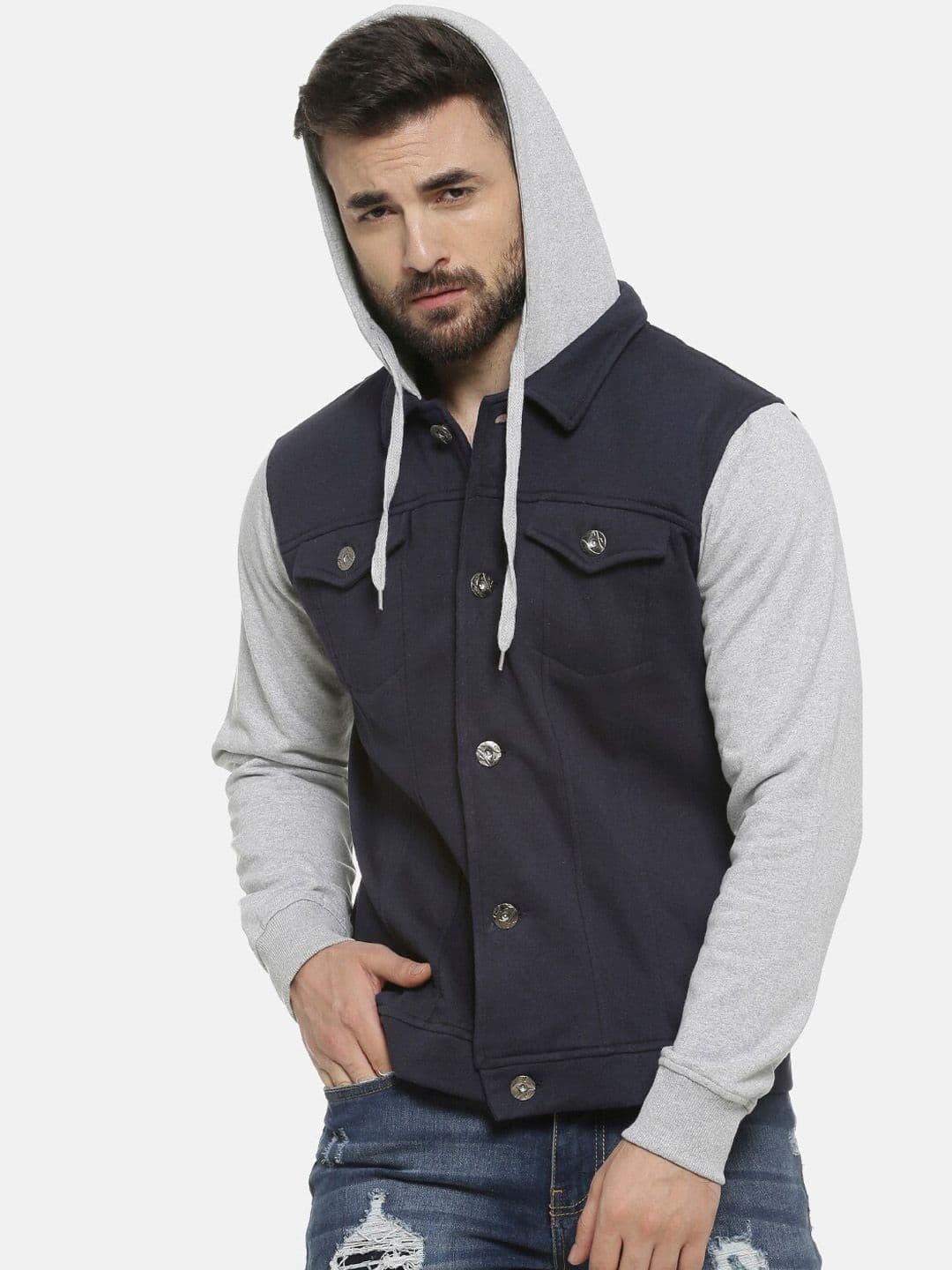 CAHOOT Men Navy Blue & Grey Colourblocked Windcheater Bomber Jacket - view 1