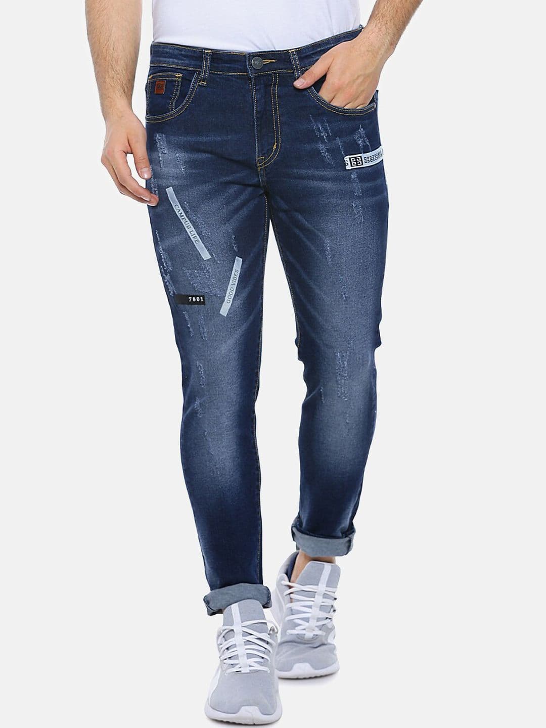 CAHOOT Men Navy Blue Slim Fit Mid-Rise Low Distress Jeans - view 1