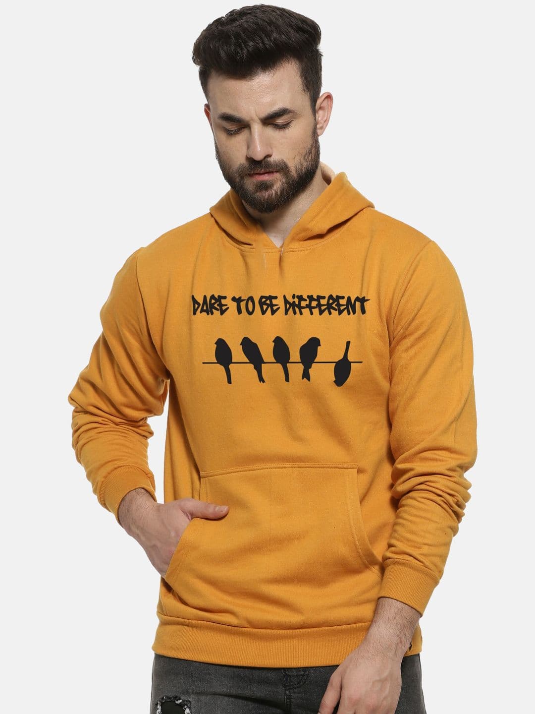 CAHOOT Men Mustard Yellow Printed Hooded Sweatshirt - view 1