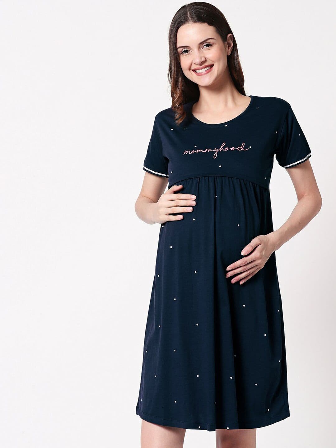 Zeyo Women Navy Blue Printed Maternity & Feeding Nightdress - view 1