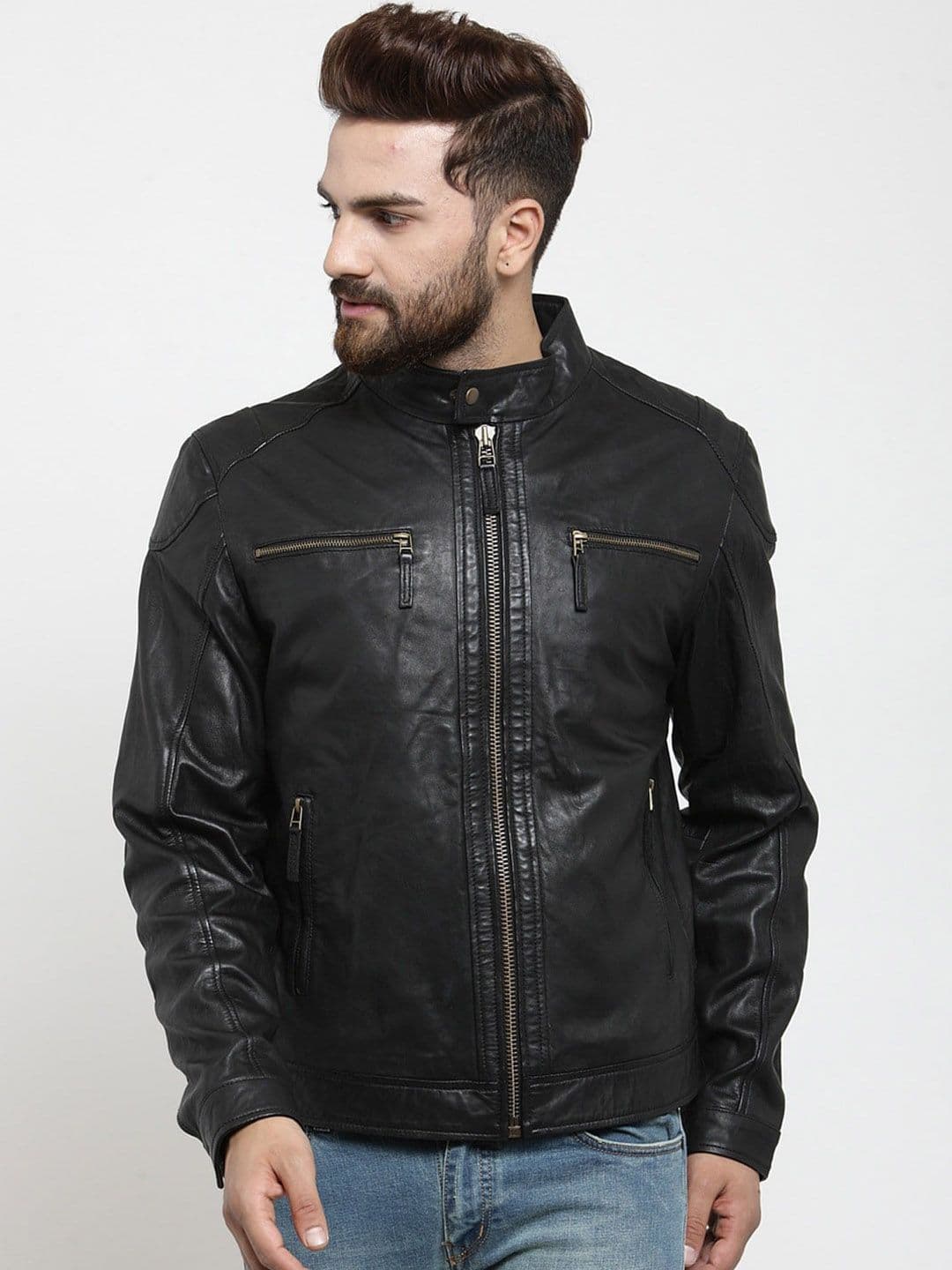Teakwood Leathers Men Black Solid Water Resistant Leather Jacket - view 1