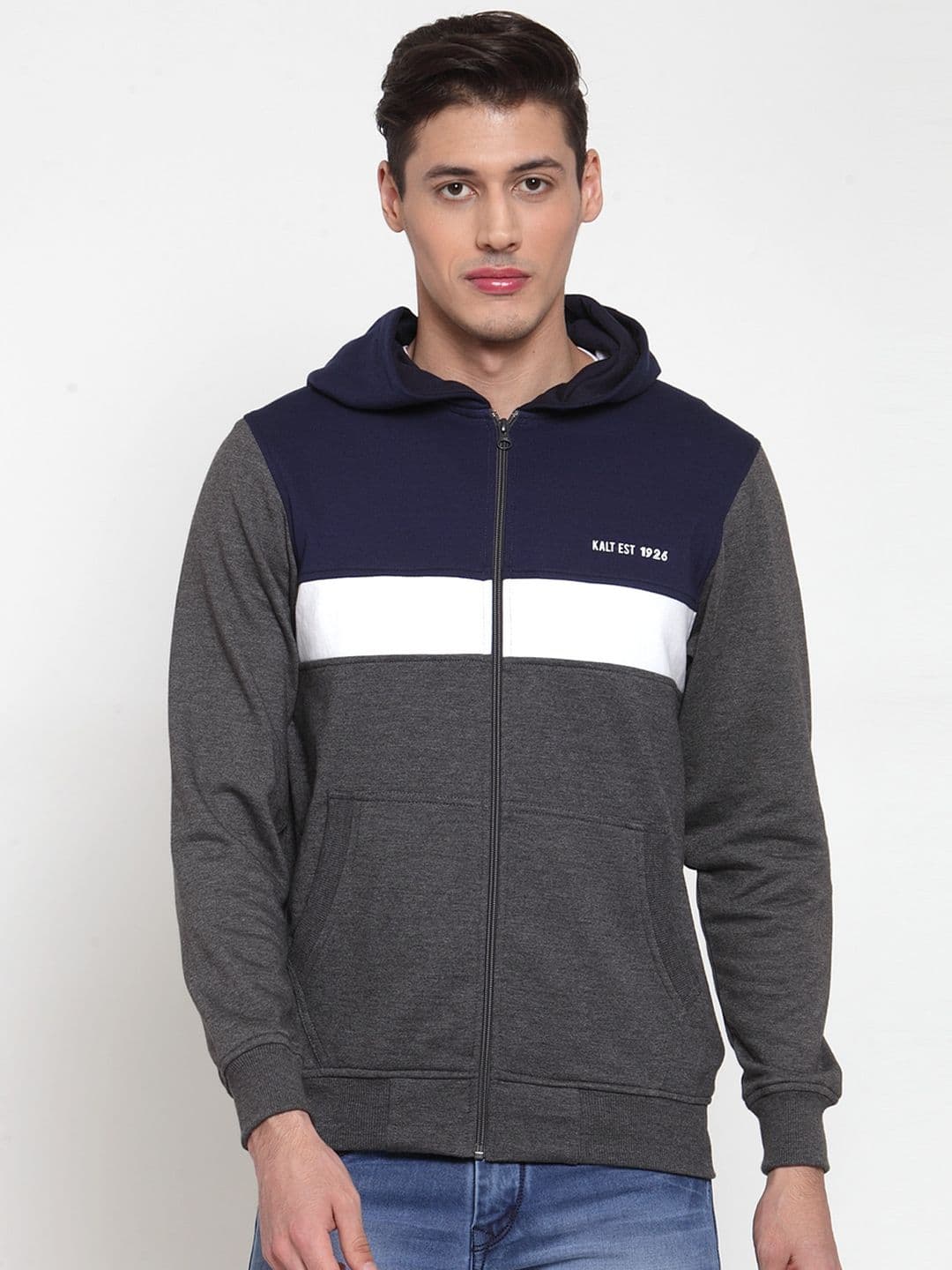 Kalt Men Grey & Blue Colourblocked Open Front Jacket - view 1