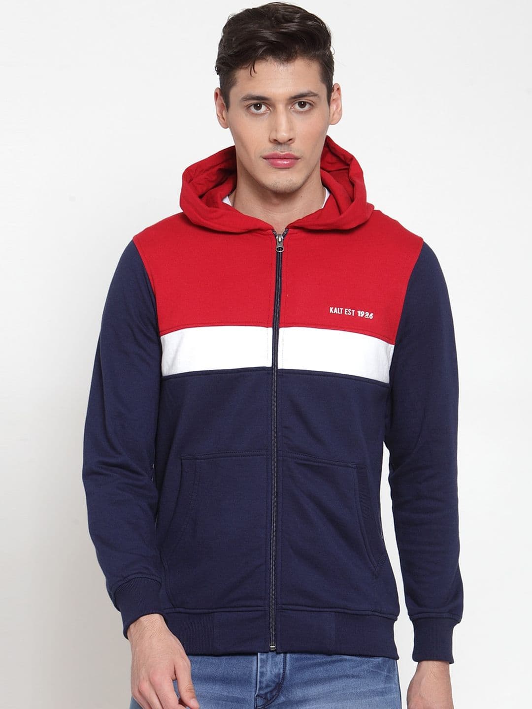 Kalt Men Navy Blue & Red Colourblocked Sporty Jacket - view 1