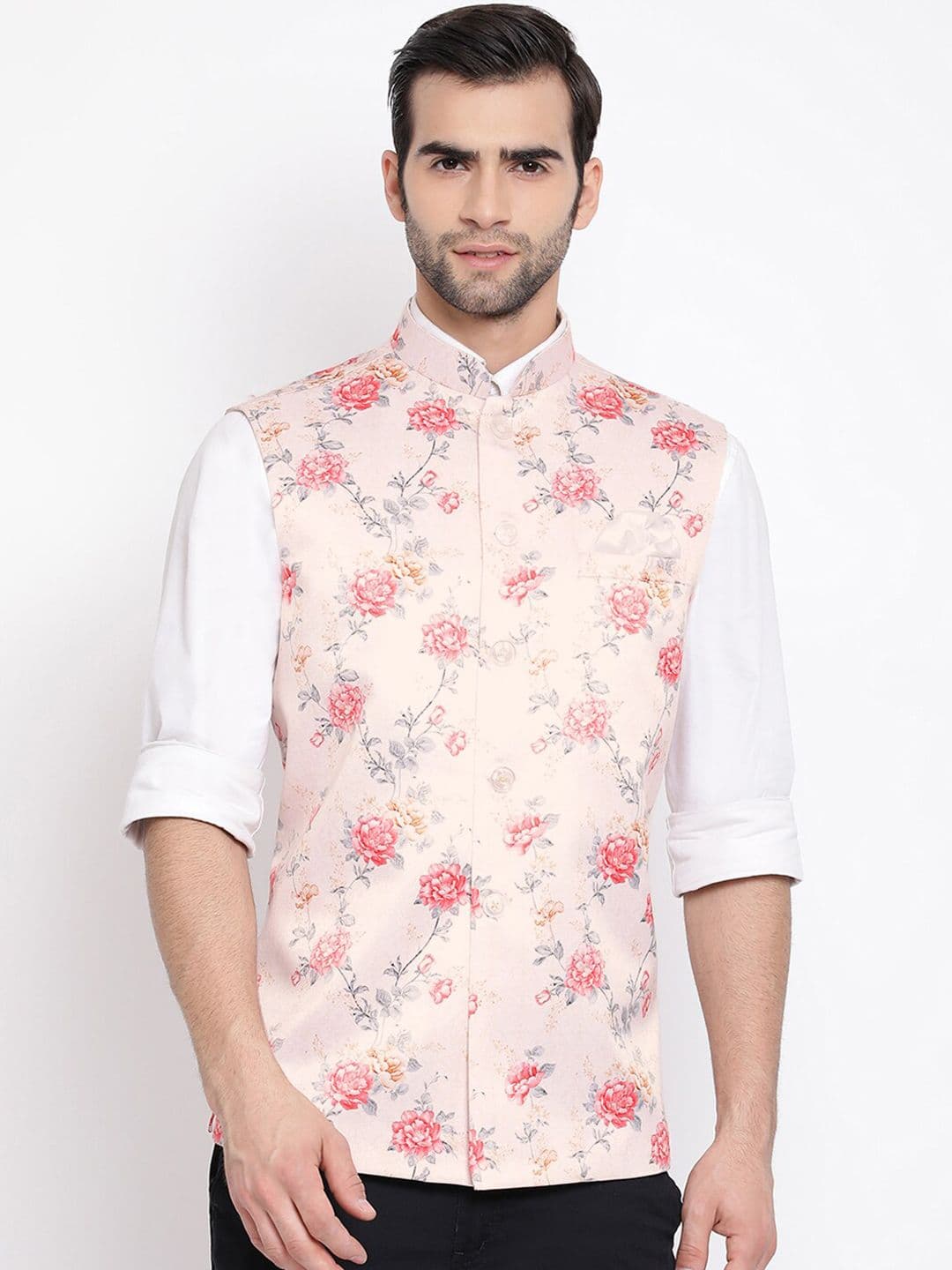 VASTRAMAY Men Peach Coloured & Grey Floral Printed Nehru Jacket - view 1